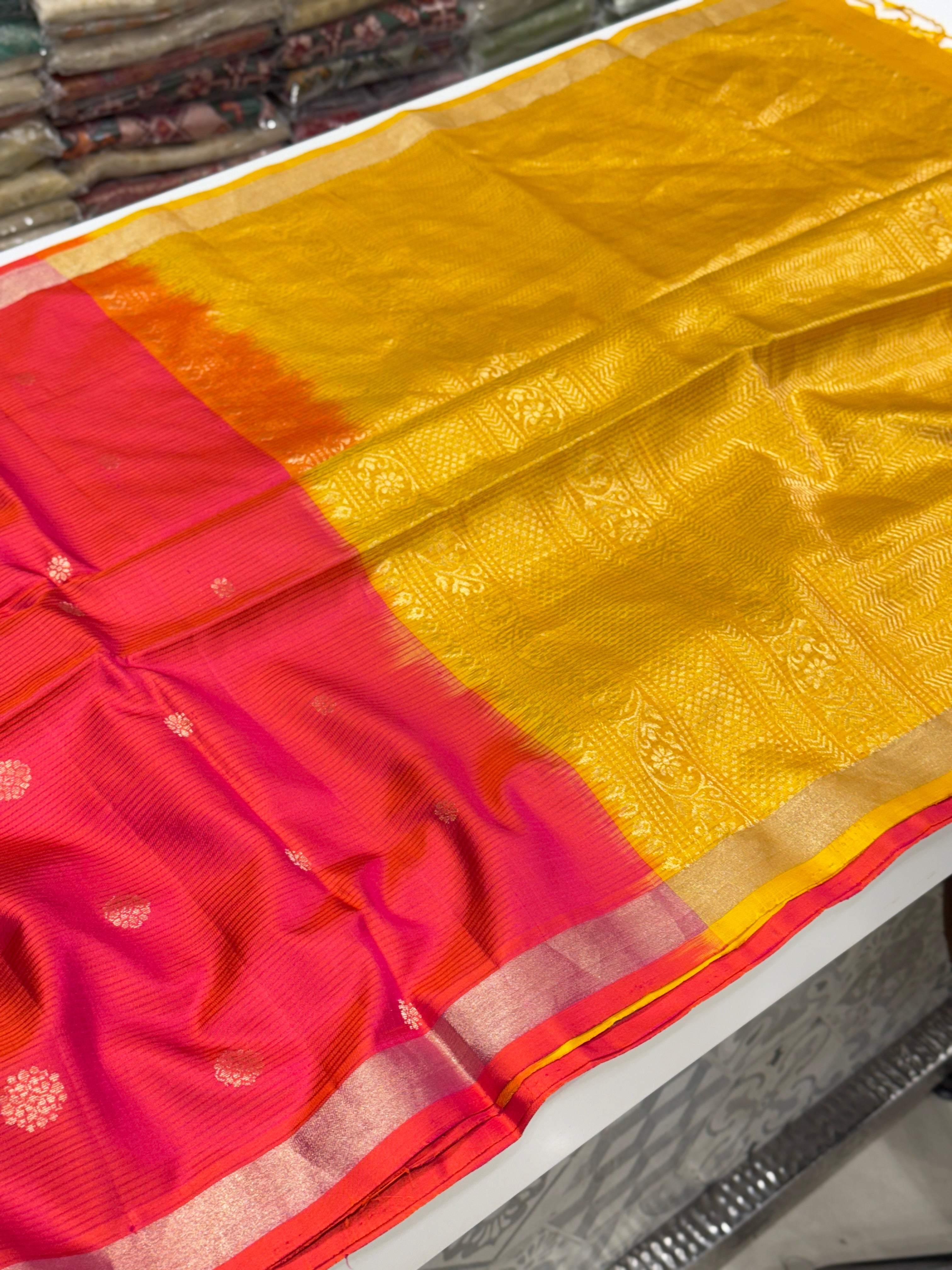 Rani with Yellow Buttis Handloom Kanchipuram Pure Silk Saree