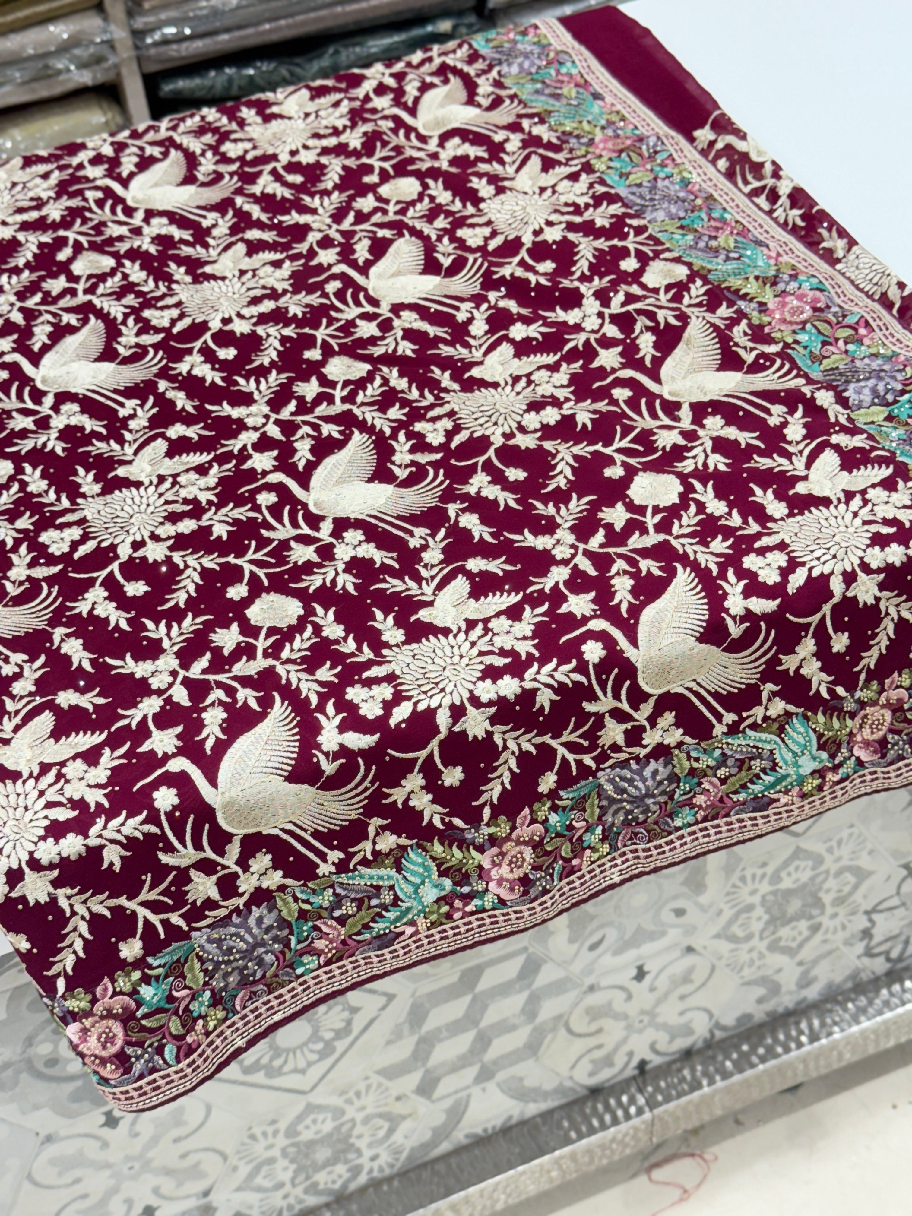 Wine Parsi Gara Saree with Stone Work Resham Embroidery