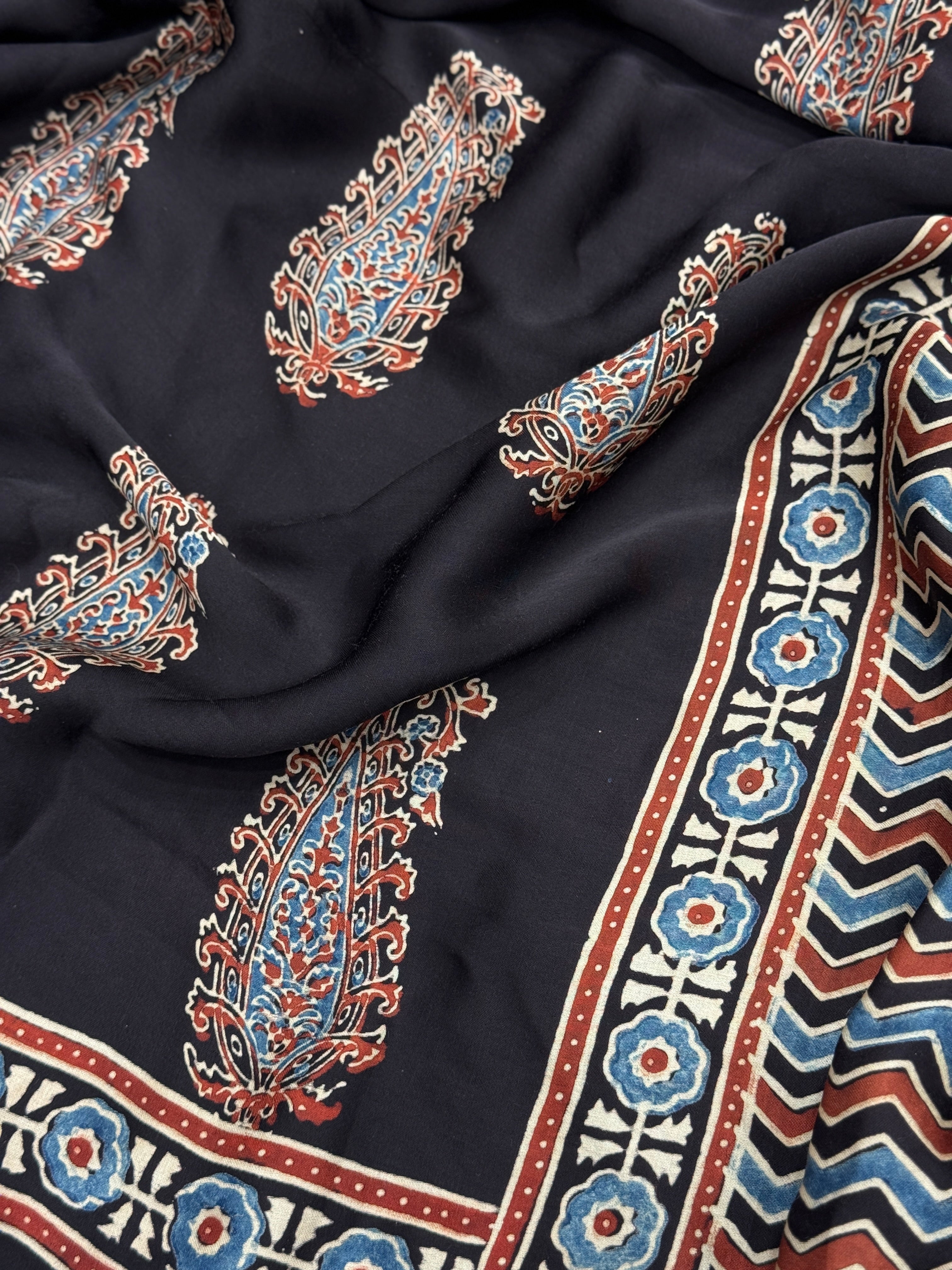 Black Big Keari Butta Ajrakh Block Print Hand Pure Gajji Silk Saree