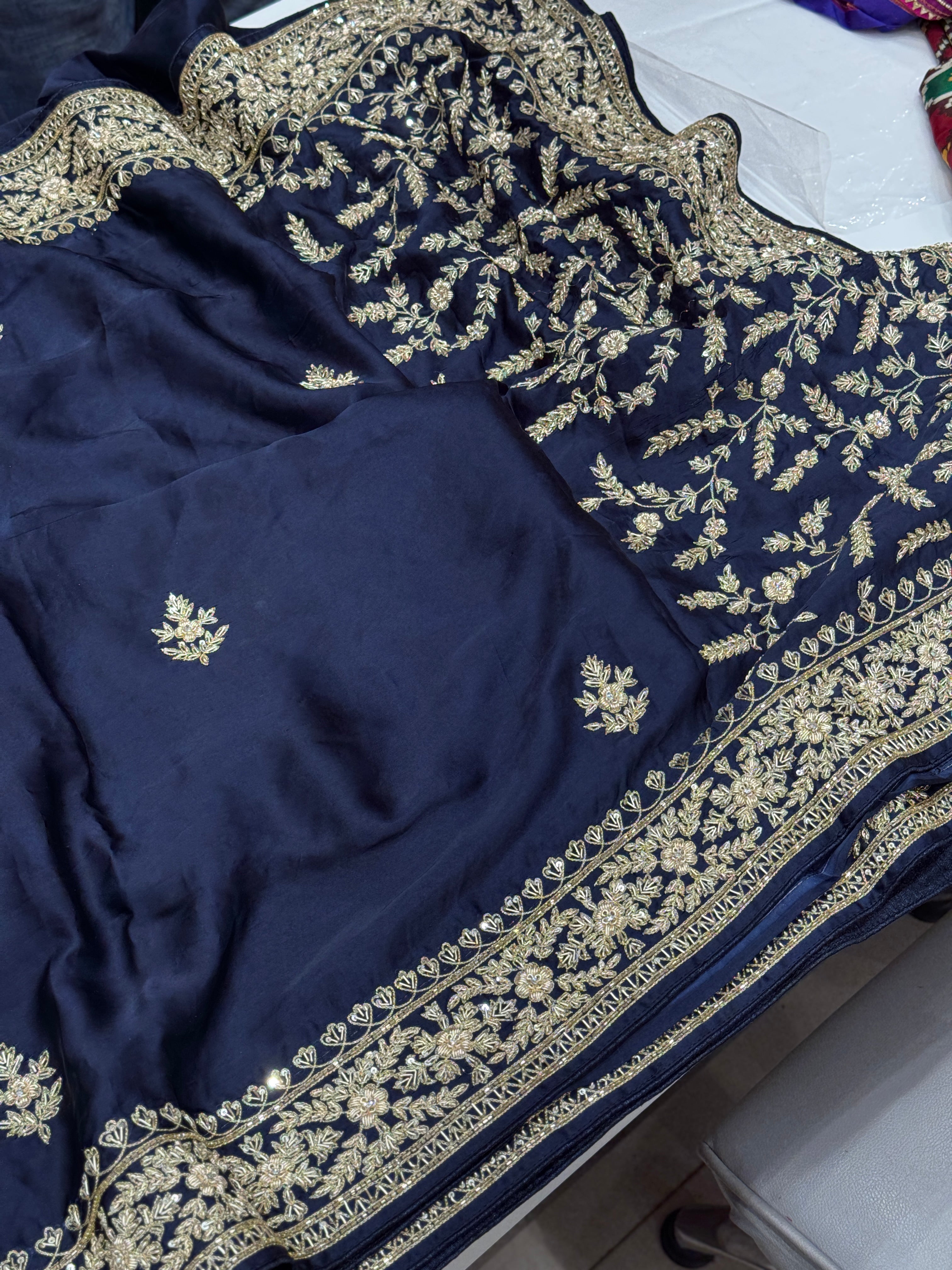 Blue Border Pan Butti Satin Hand Embroidered Zardosi Saree