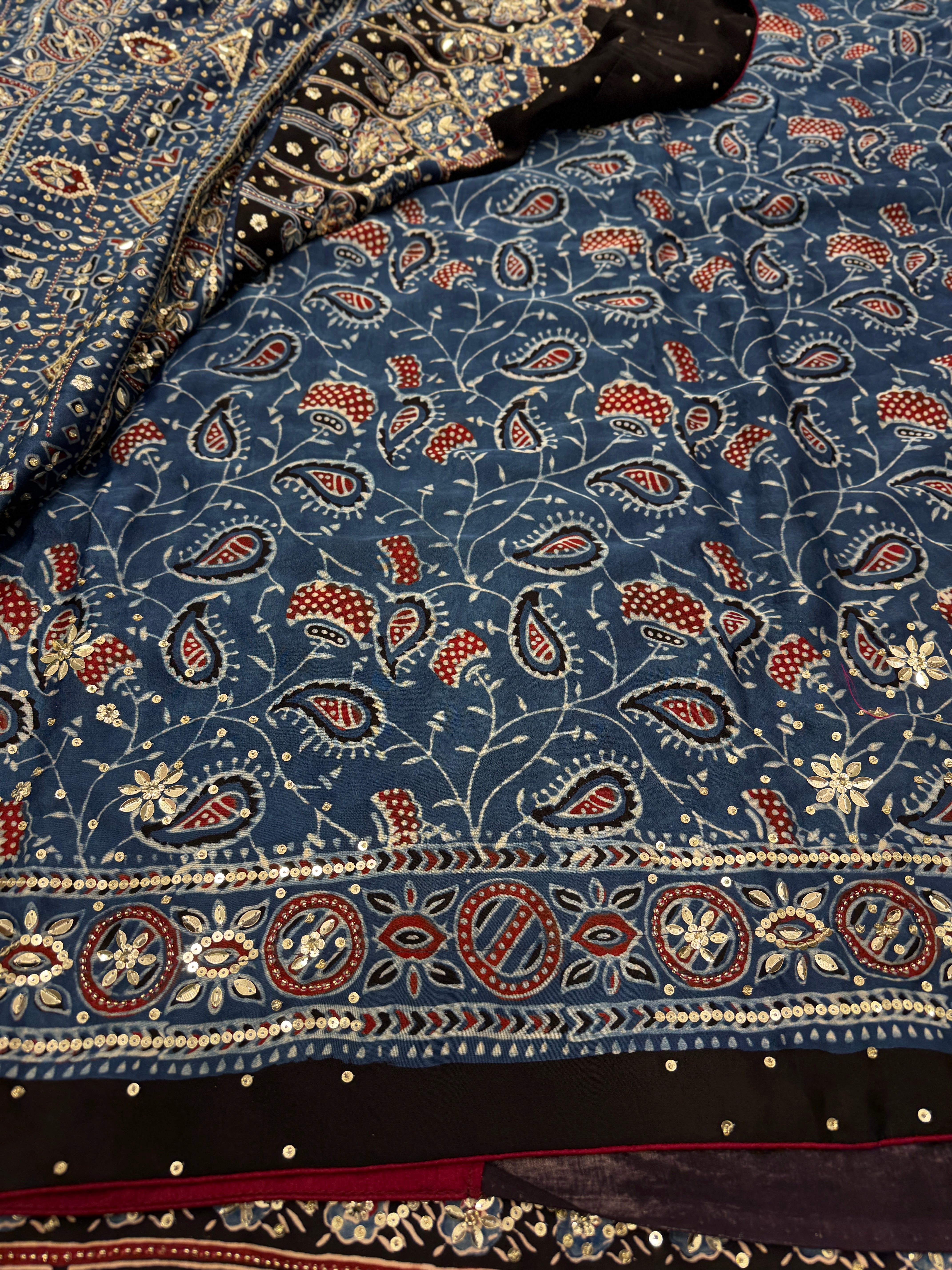 Black Blue Butti Ajrakh Sequin Moti Hand Embroidery Saree