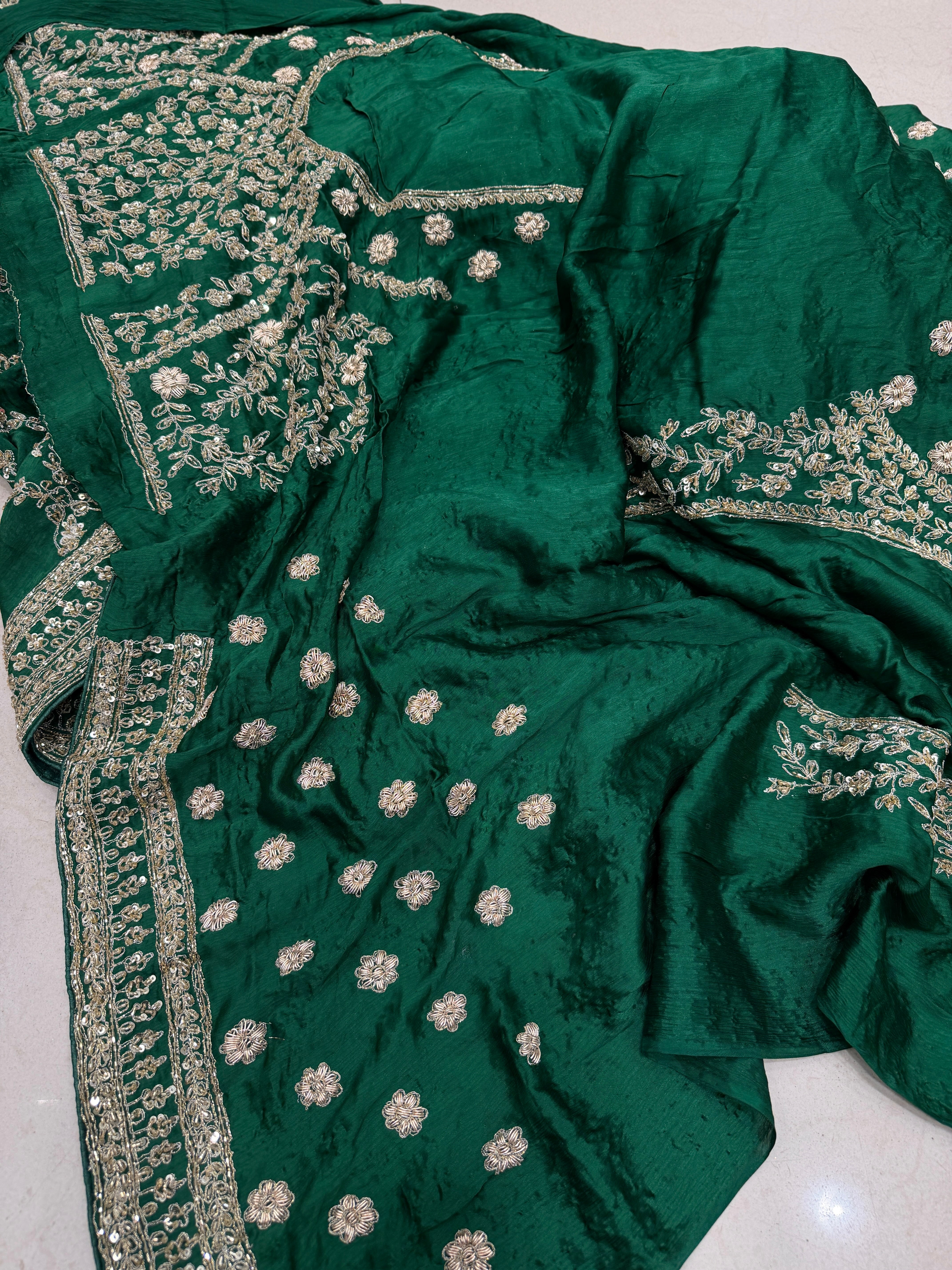 Bottle Green Crepe Satin Sabyasachi Inspired Zardosi Jaal Embroidery Saree