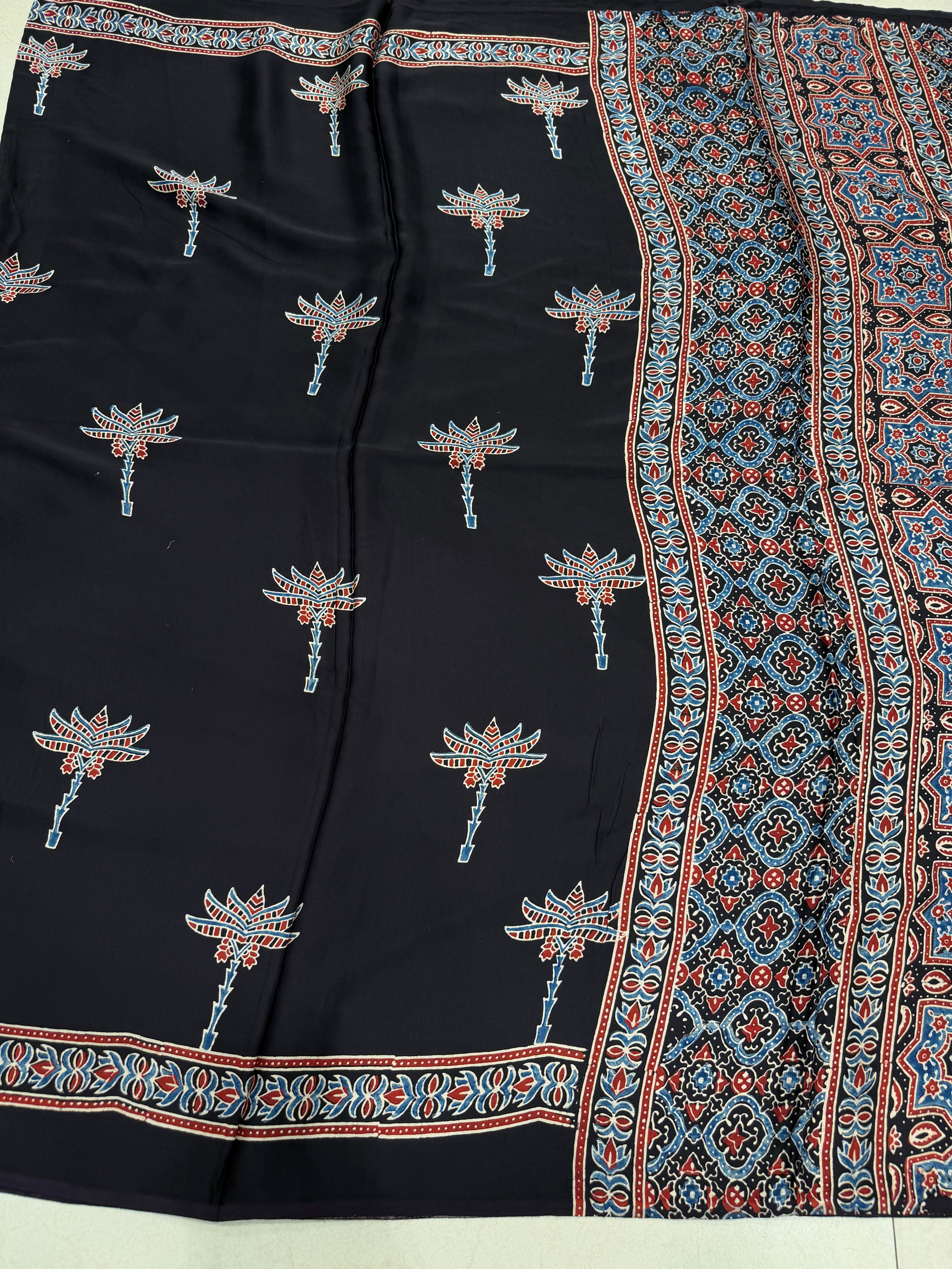 Black Contemporary Buttas Ajrakh Hand Block Print Pure Gajji Silk Saree