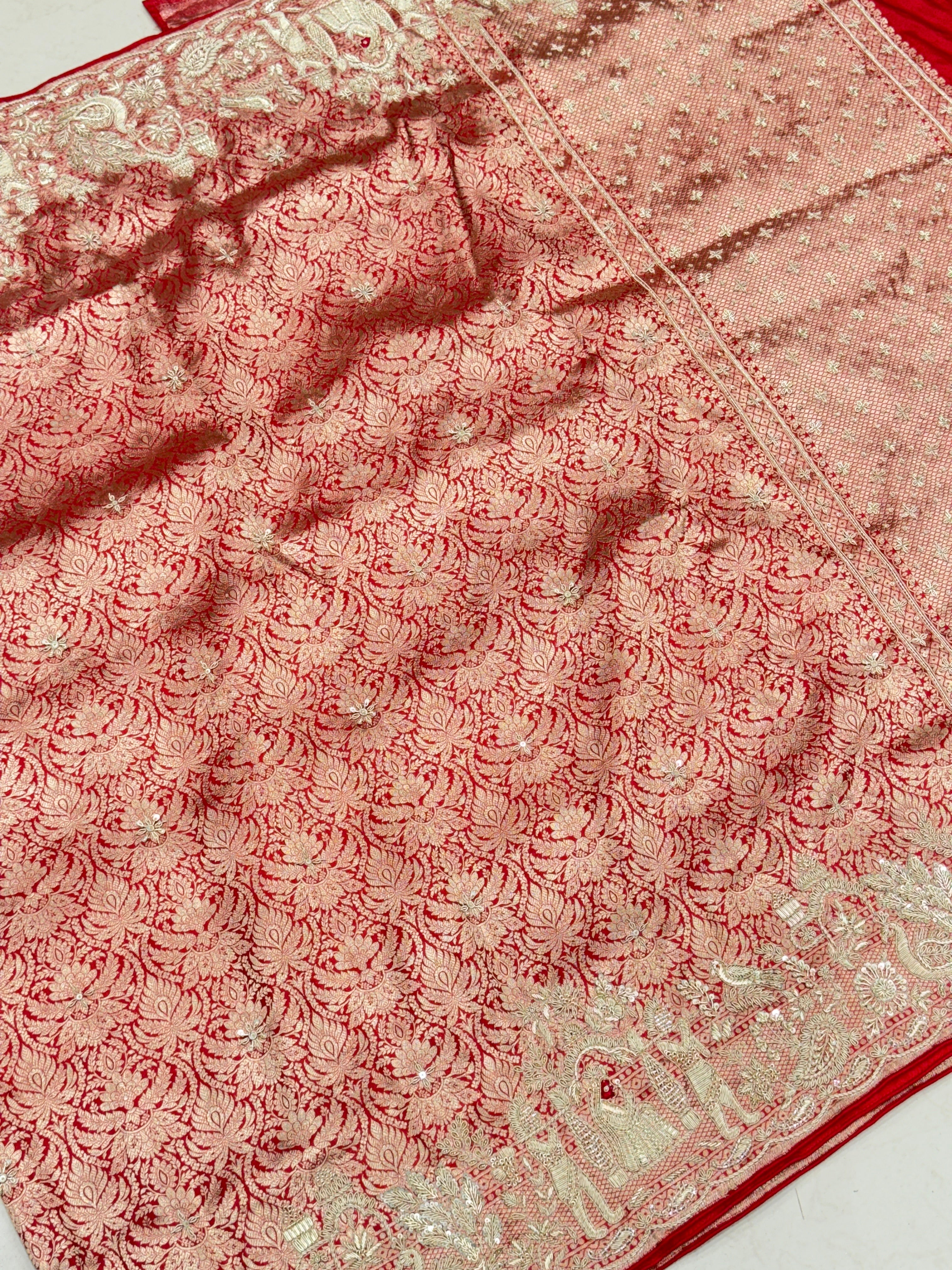 Red Banarasi Katan Doli Edit Zardosi Saree