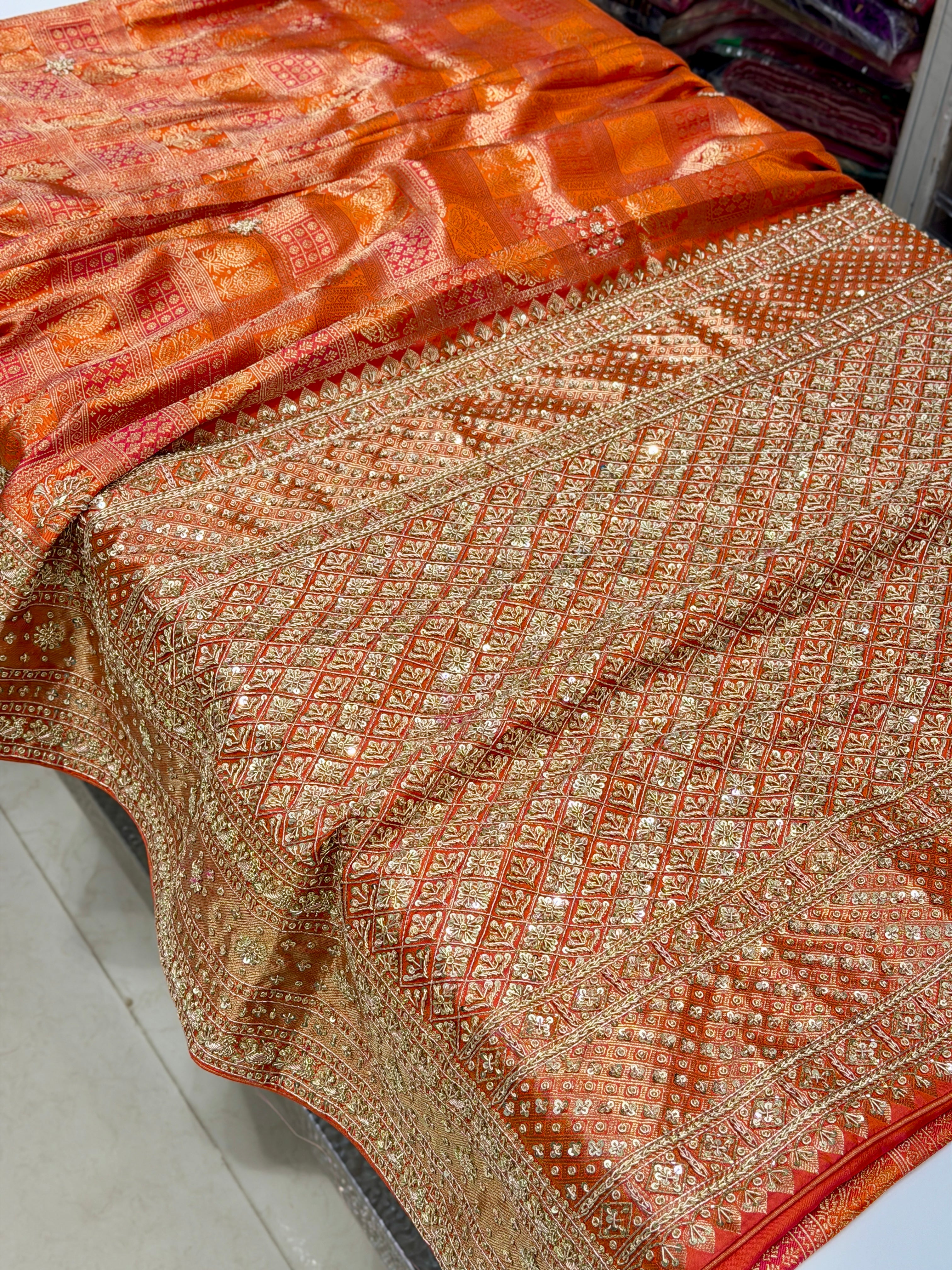 Orange Kanjivaram Zardosi Hand Embroidery Saree