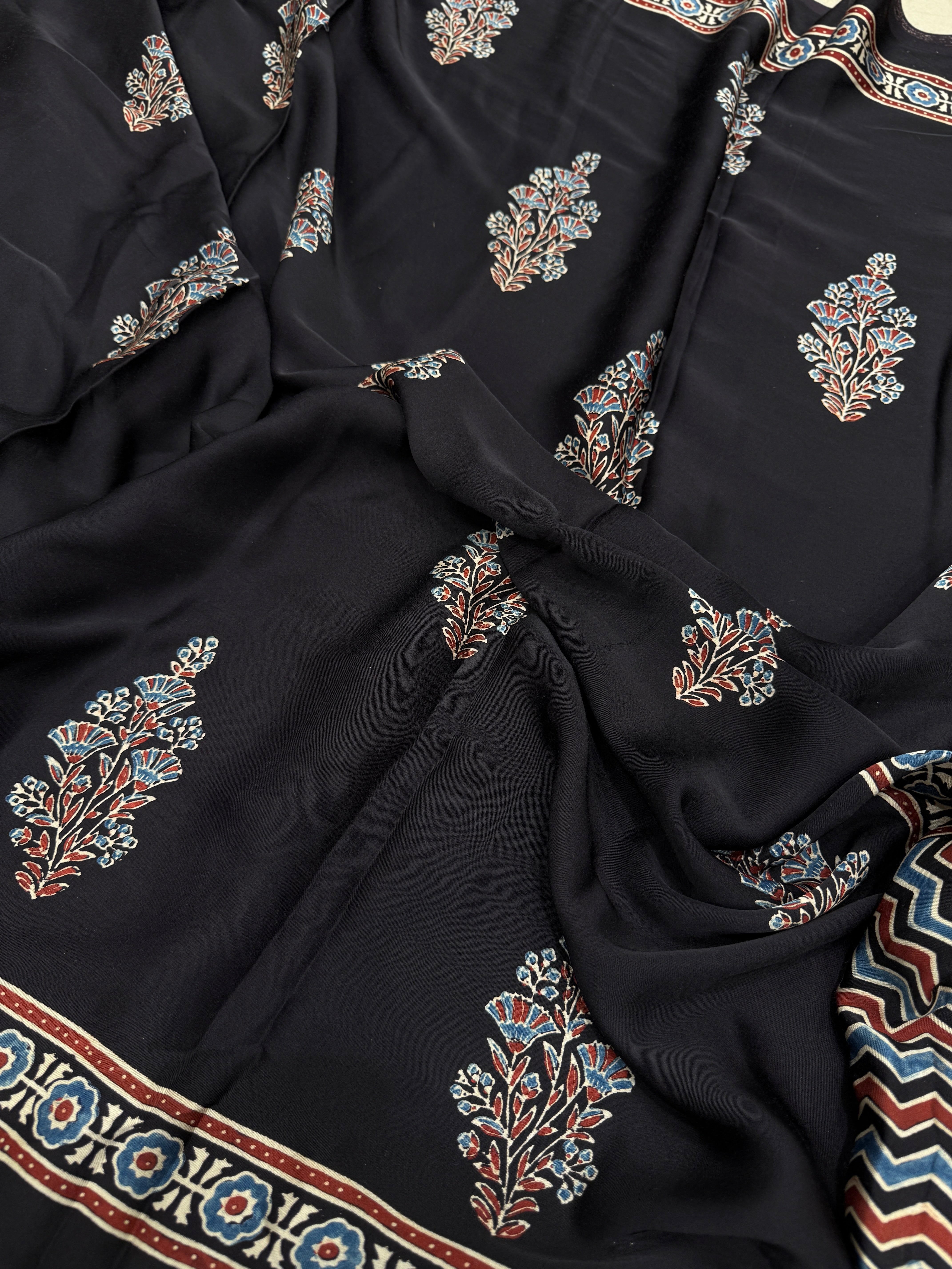 Black Floral Big Buttas Ajrakh Block Print Hand Pure Gajji Silk Saree