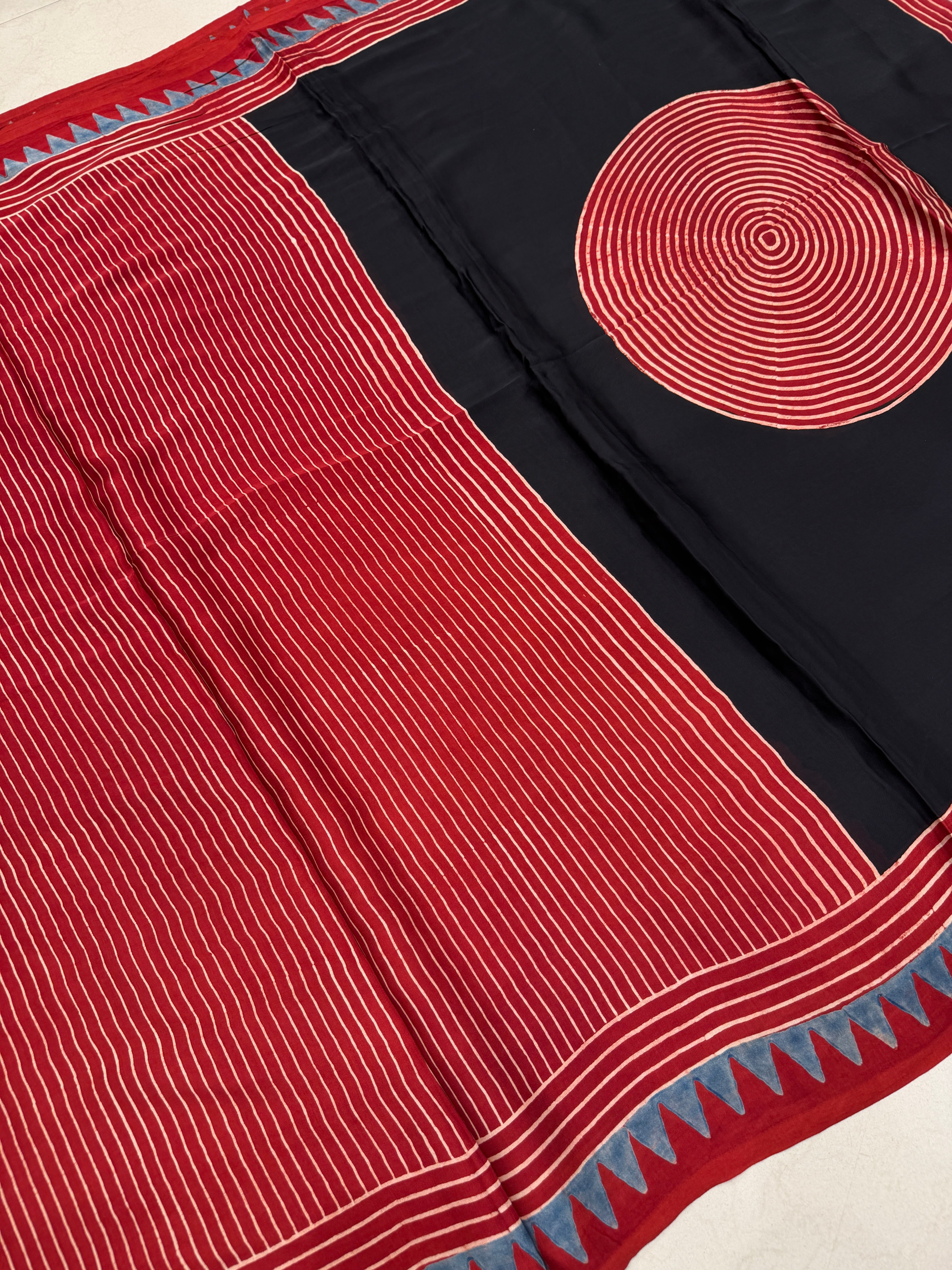 Red Contemporary Spiral Pallu Ajrakh Block Print Hand Pure Gajji Silk Saree