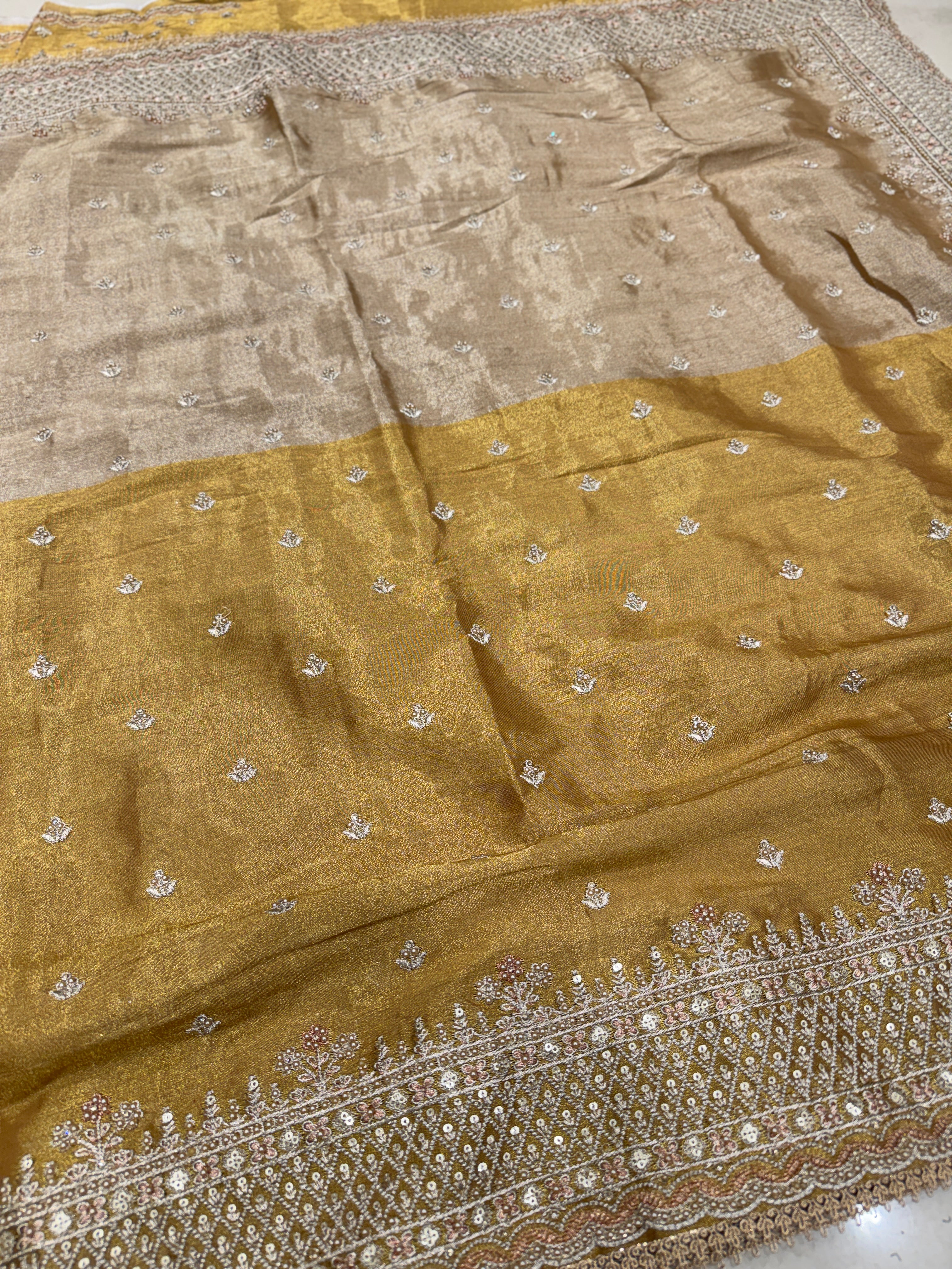 Golden Silver Soft Tissue Pita Embroidery Saree