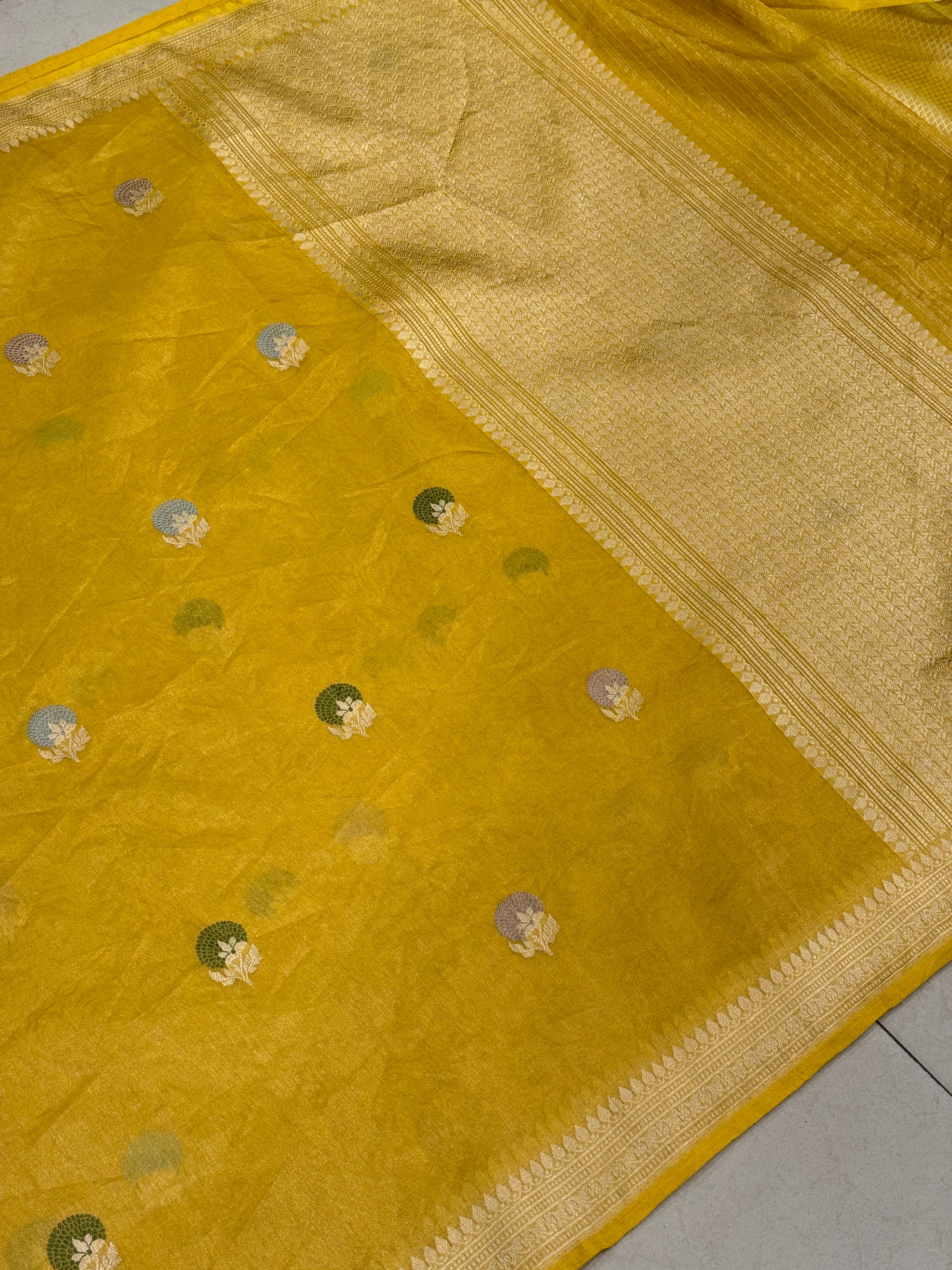 Yellow Handloom Meenakari Banarasi Tissue Kadwa Saree