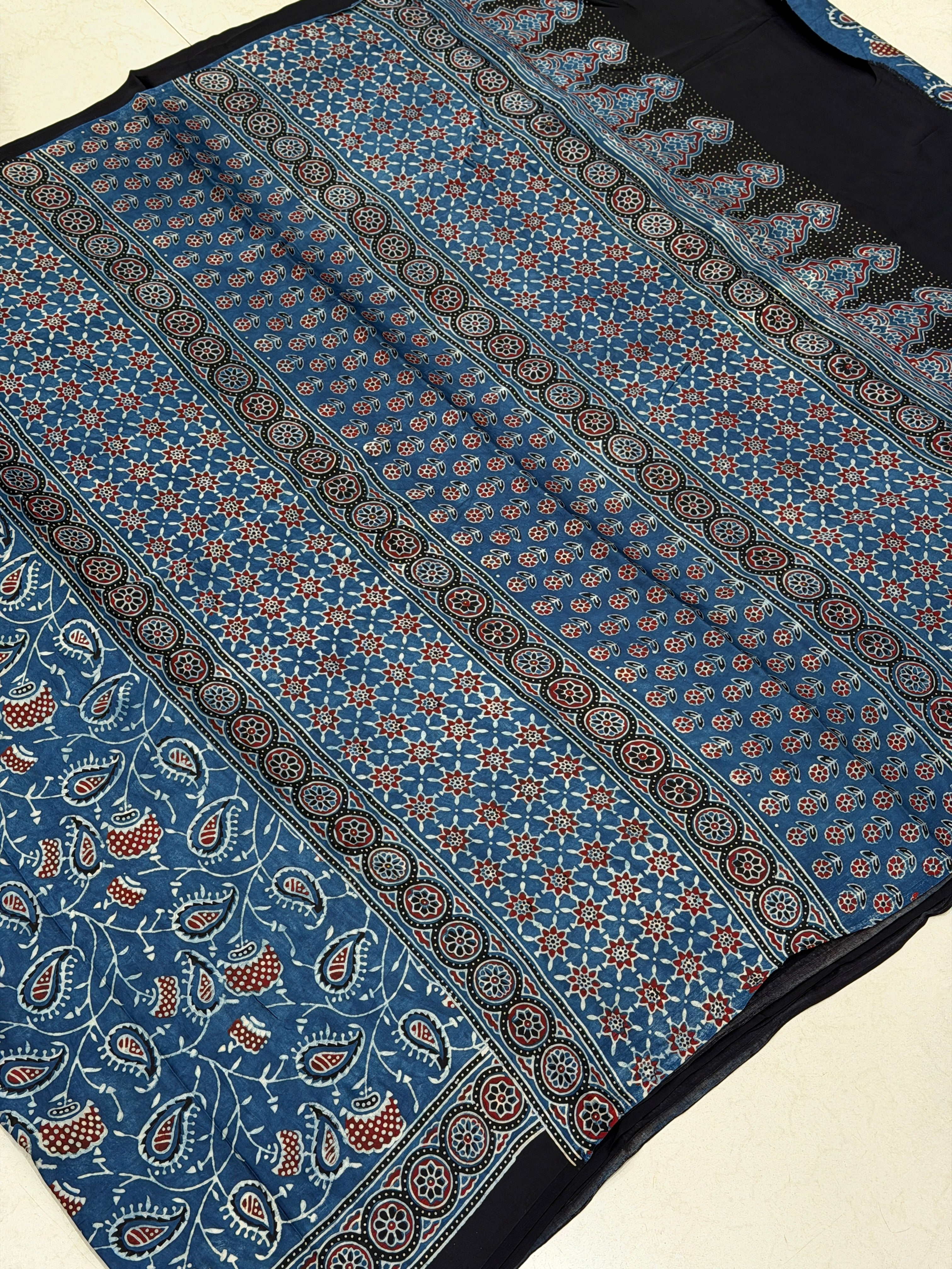 Blue Keri Jaal Ajrakh Hand Block Print Pure Modal Silk Saree