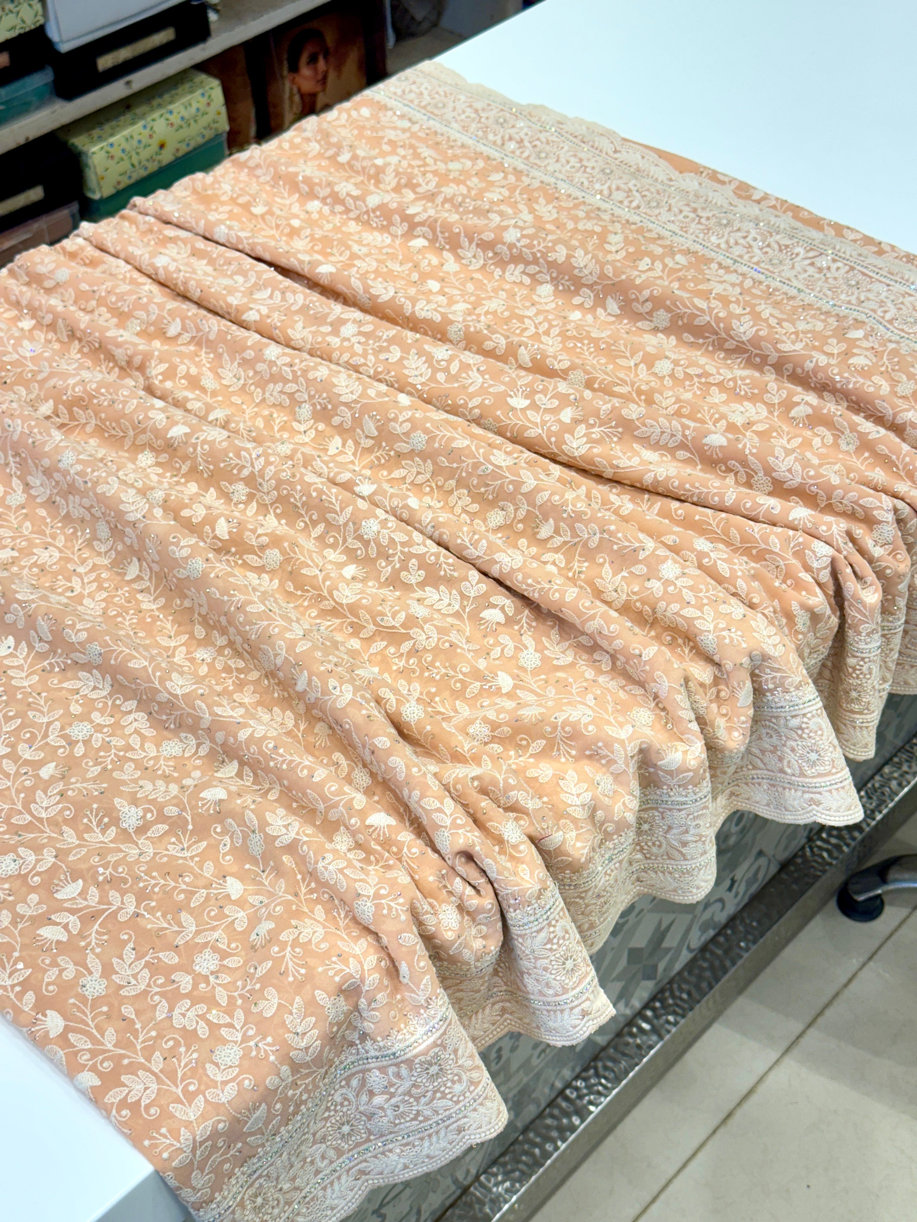 Peach Chikankari Scallop Design Saree