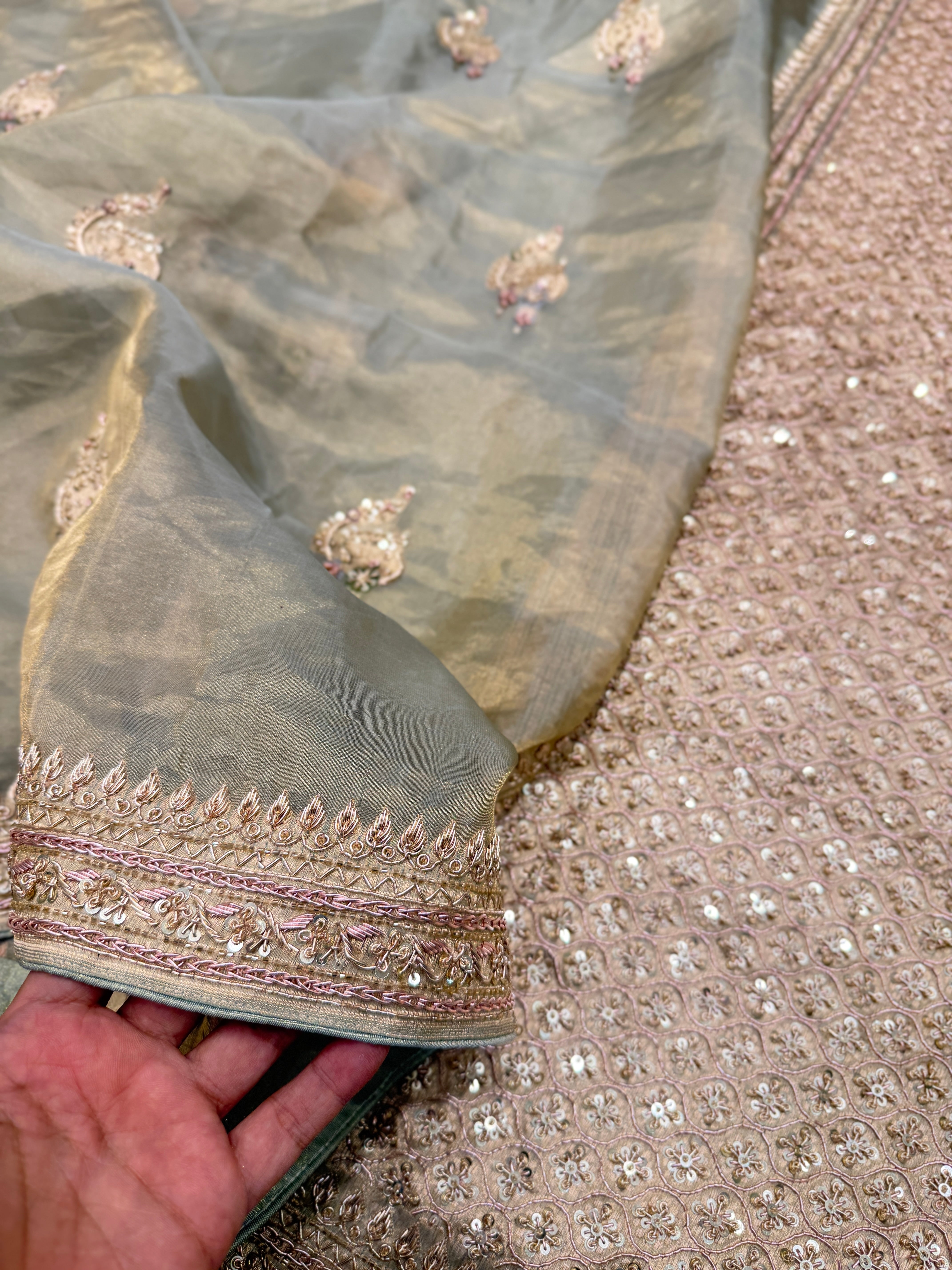 Sage Green Meenakari Banarasi Tissue Handloom Kadwa Weave Zardosi Embroidery Saree