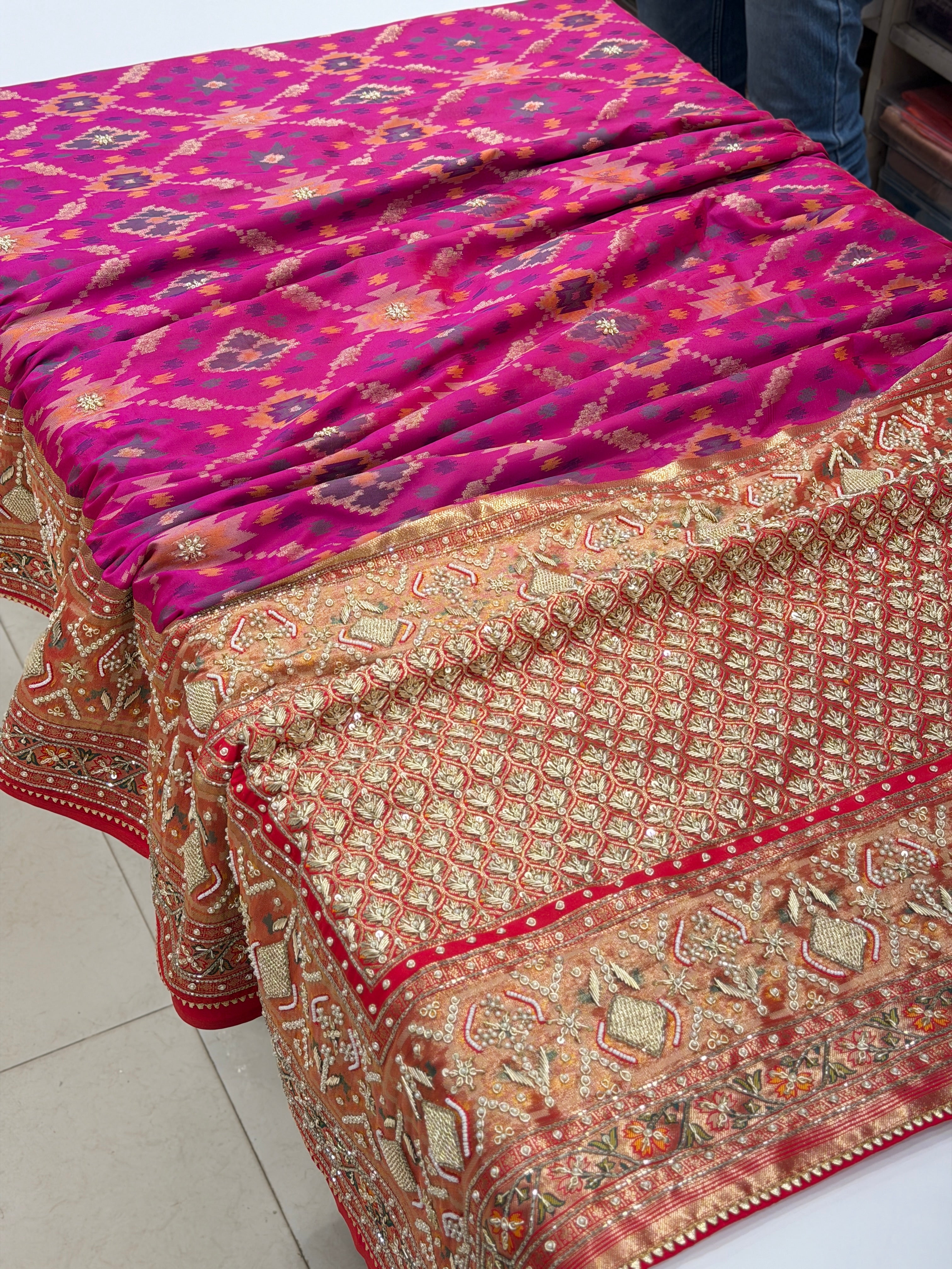 Wine Patola Zardosi Hand Embroidery Saree