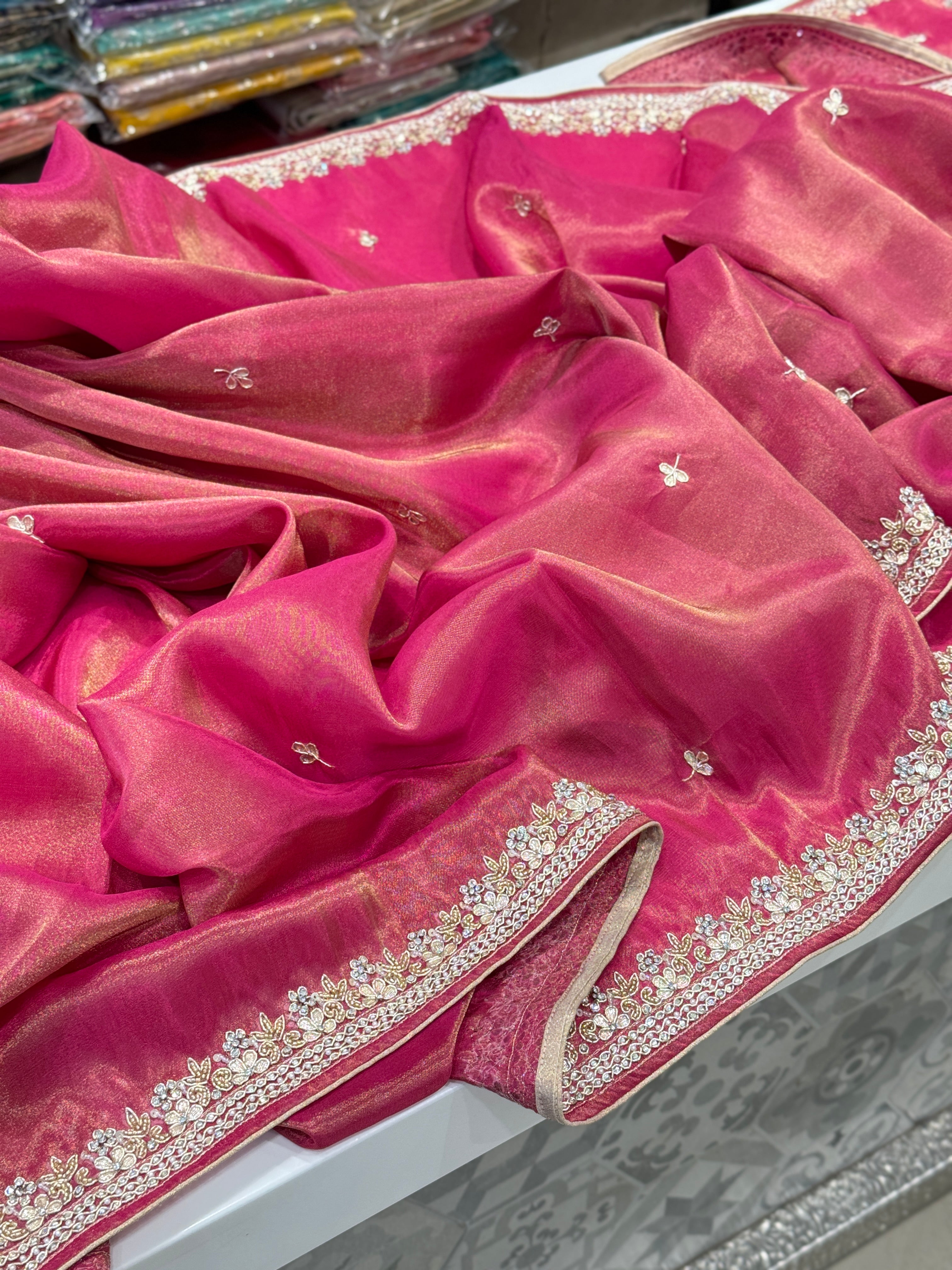 Crimson Crepe Tissue Border Embroidery Saree
