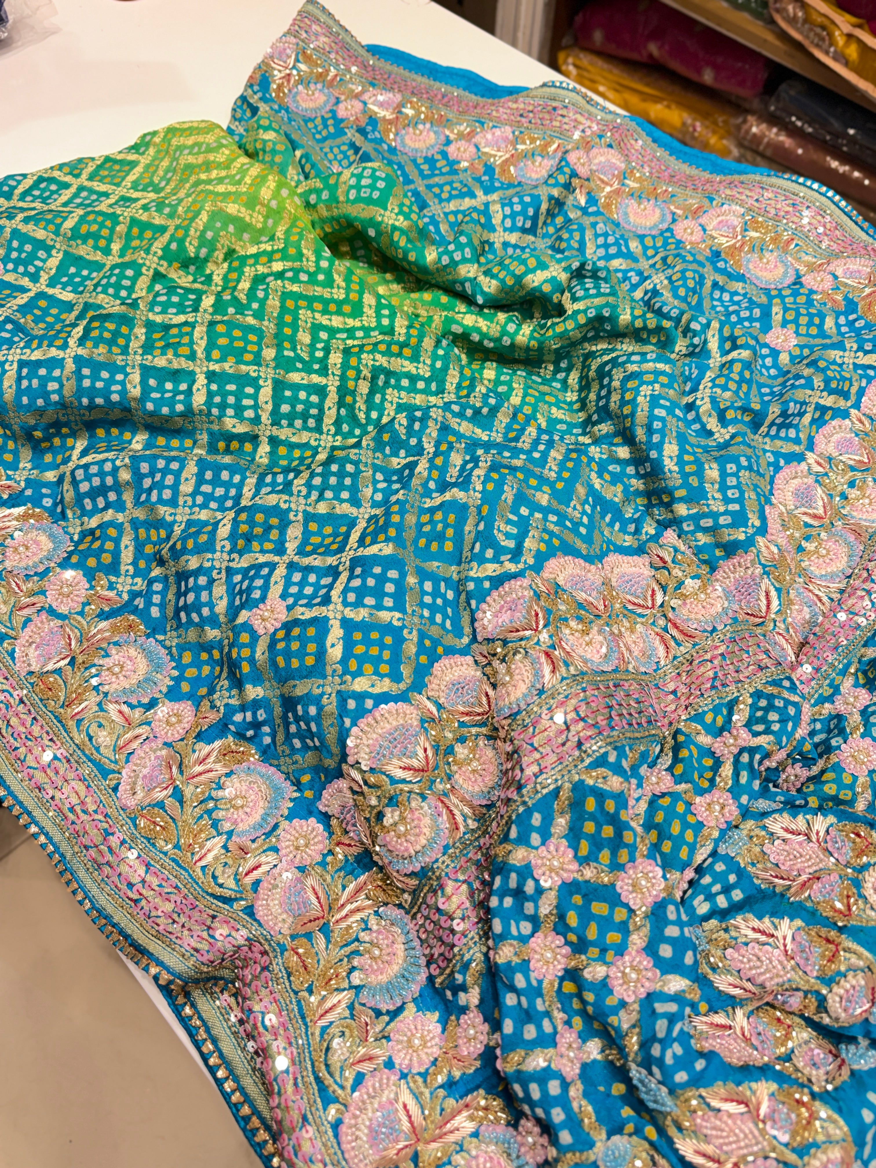 Jhanvi Kapoor Inspired Shaded Green Hand Embroidery Bandhej Saree