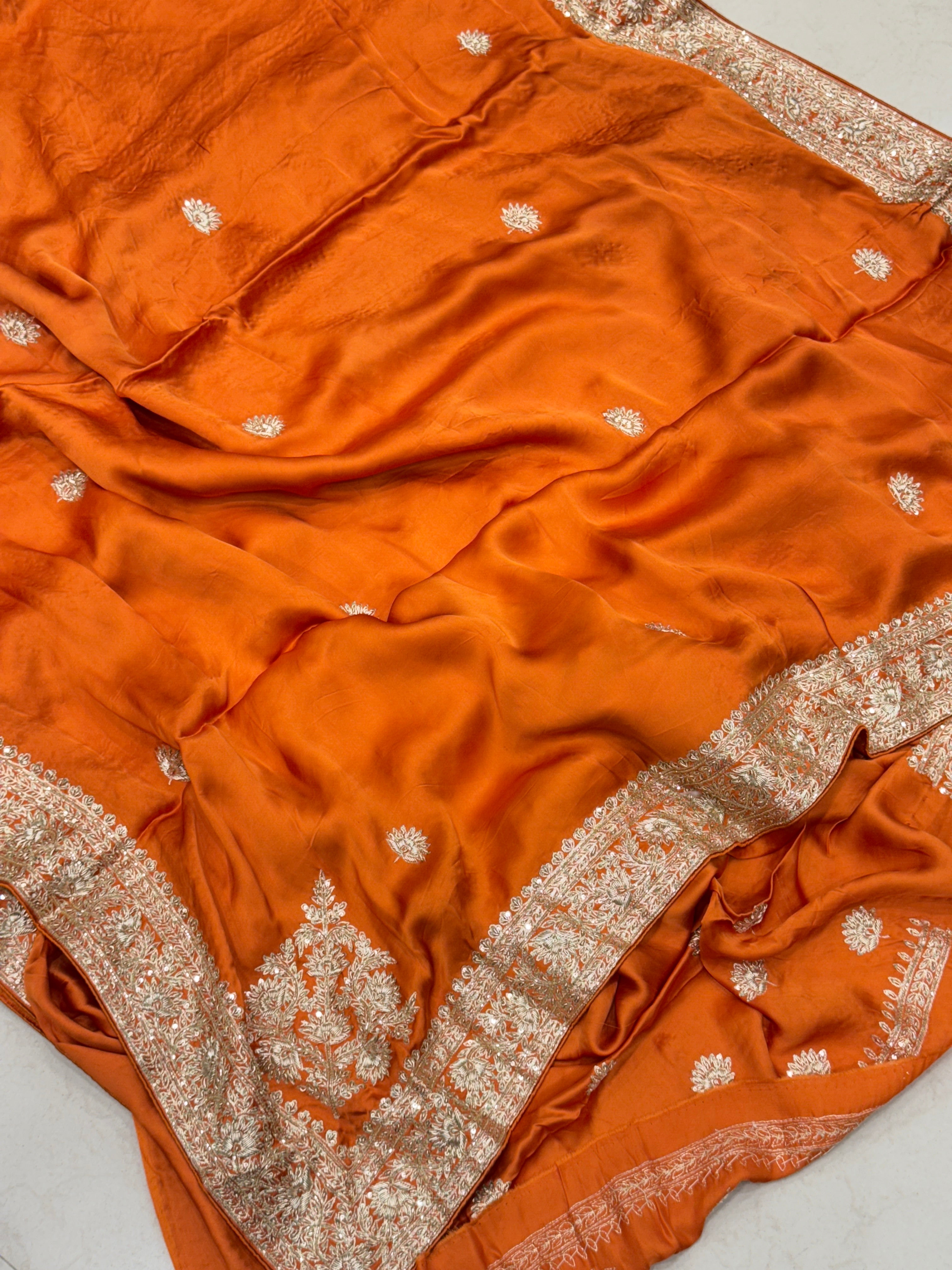 Rust Orange Buttis Pure Satin Hand Embroidery Zardosi Saree