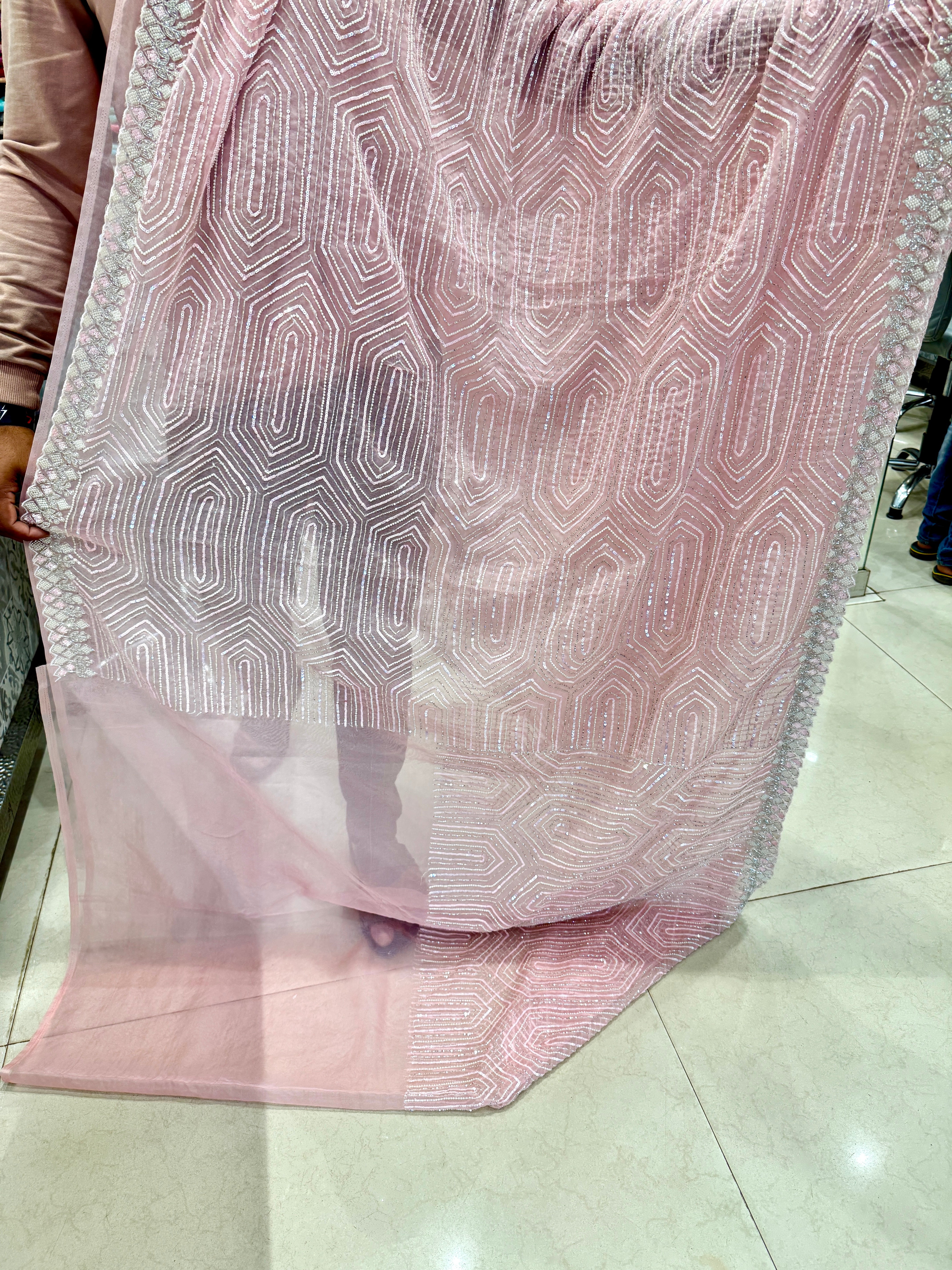 Pink Organza Moti Sequin Embroidery Saree