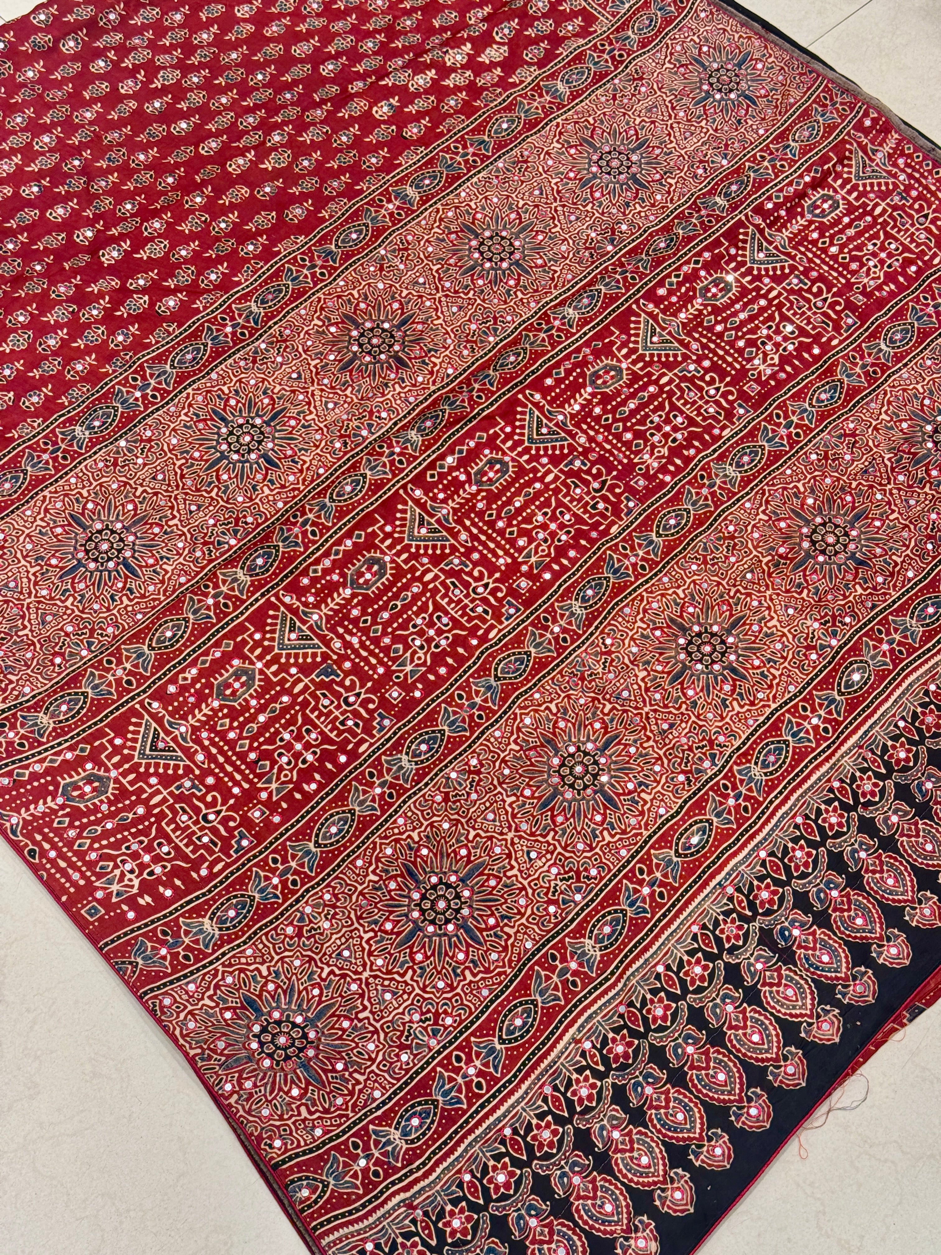 Red Butti Ajrakh Sequin Mirror Resham Hand Embroidery Saree