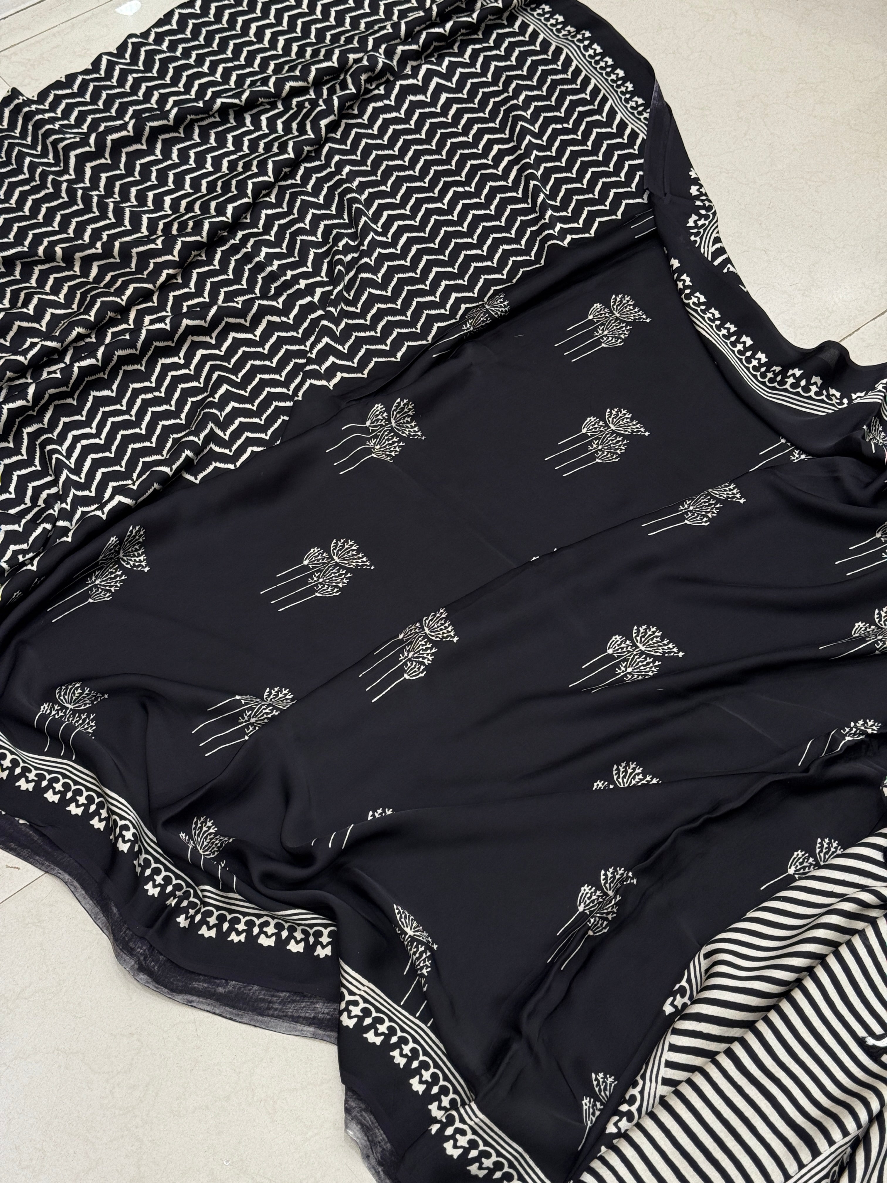Black White Butti Gajji Silk Ajrakh Saree