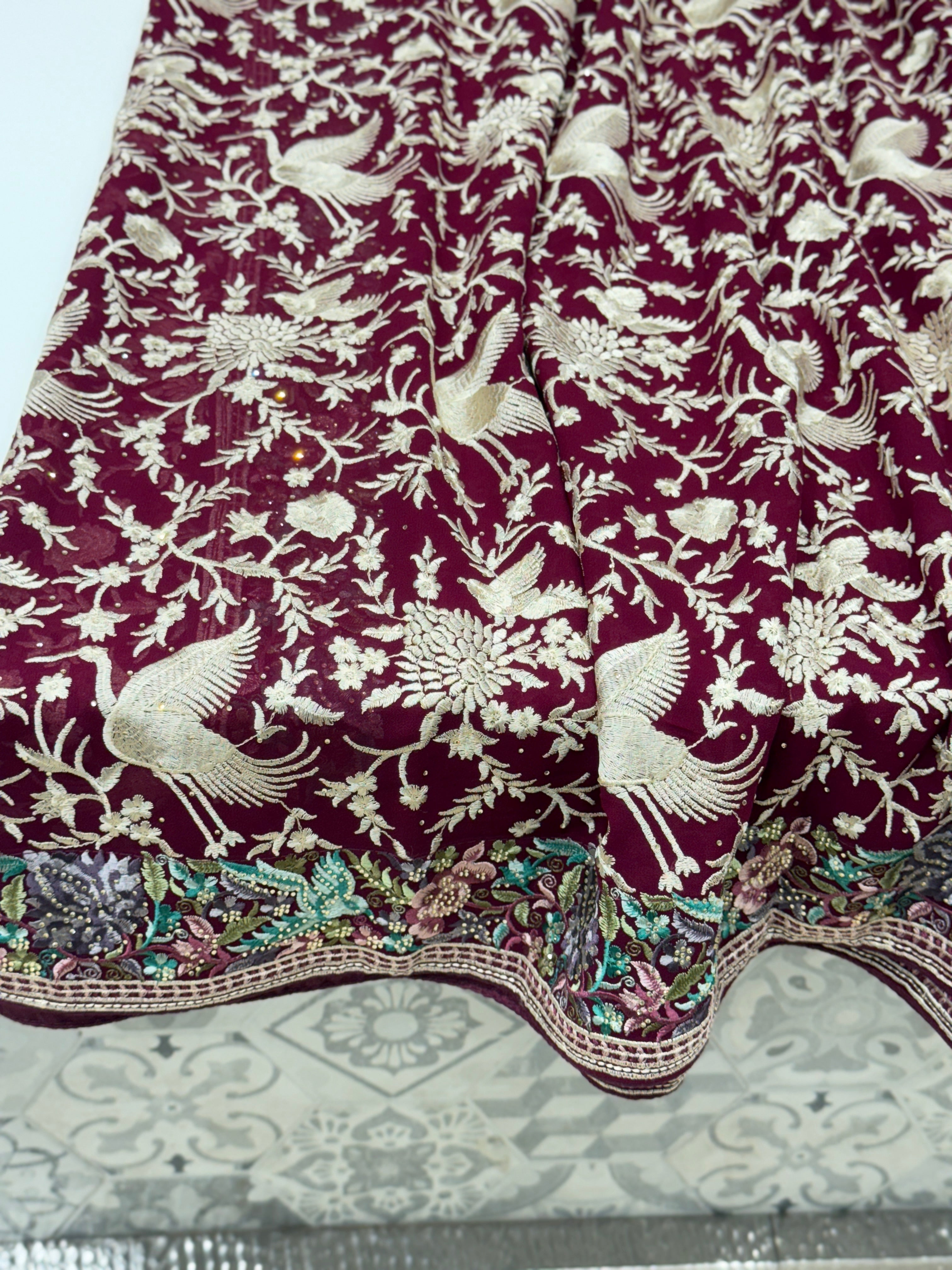Wine Parsi Gara Saree with Stone Work Resham Embroidery