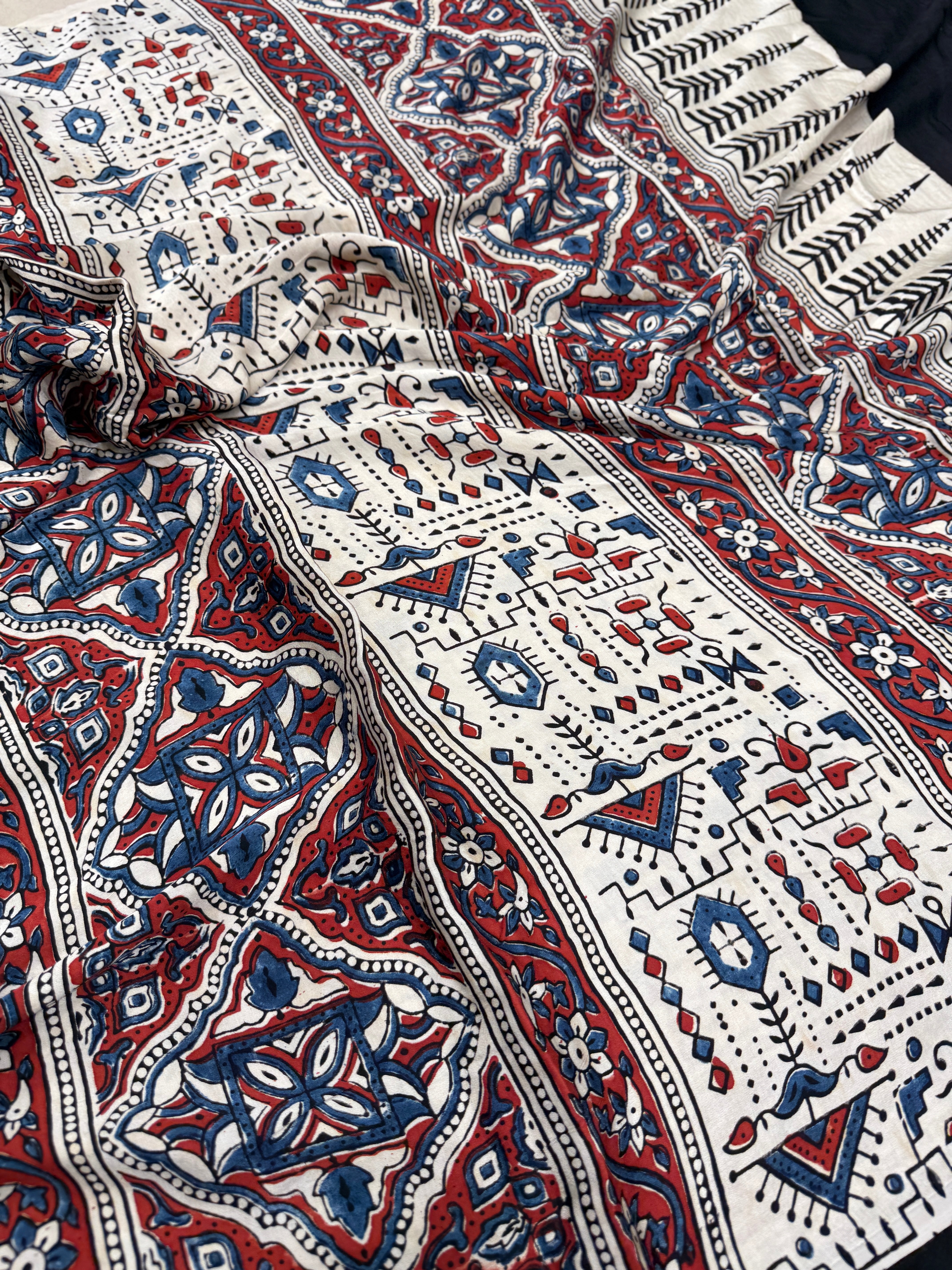 White Blue Star Modal Silk Ajrakh Saree
