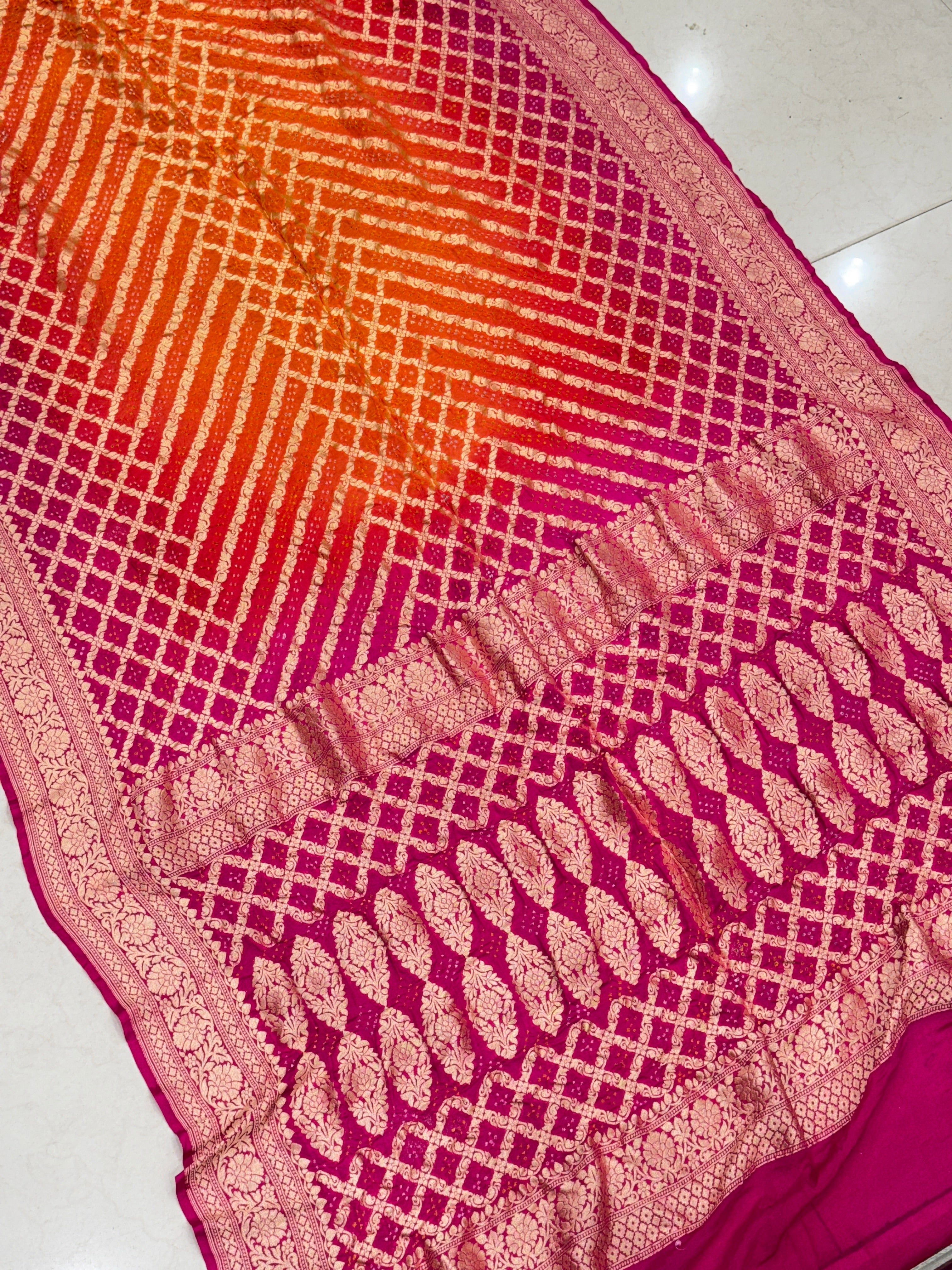 Orange Rani Shaded Bandhej Bandhini Saree
