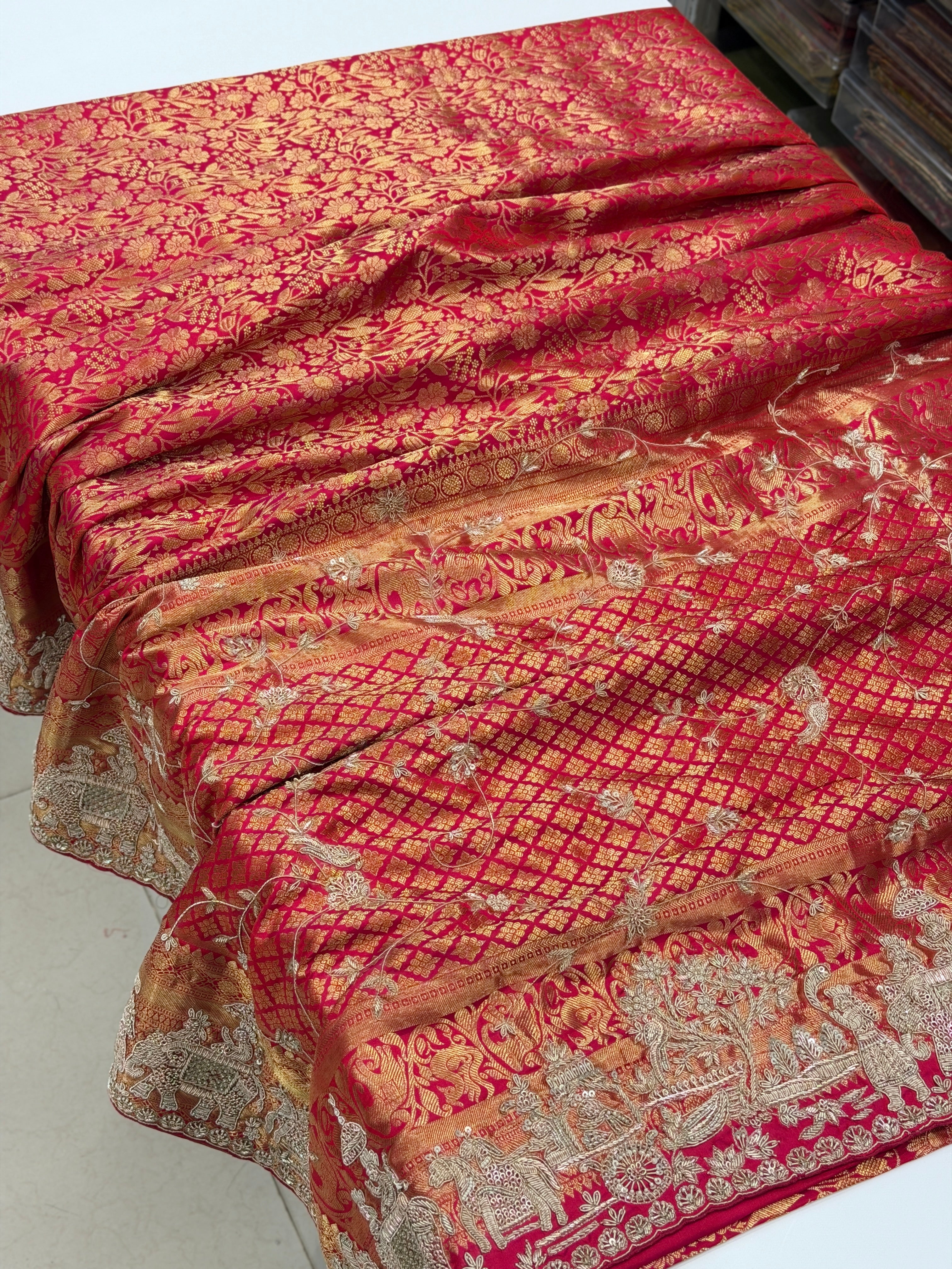 Rani Pink Kanjivaram Doli Edit Zardosi Hand Embroidery Zardosi Saree