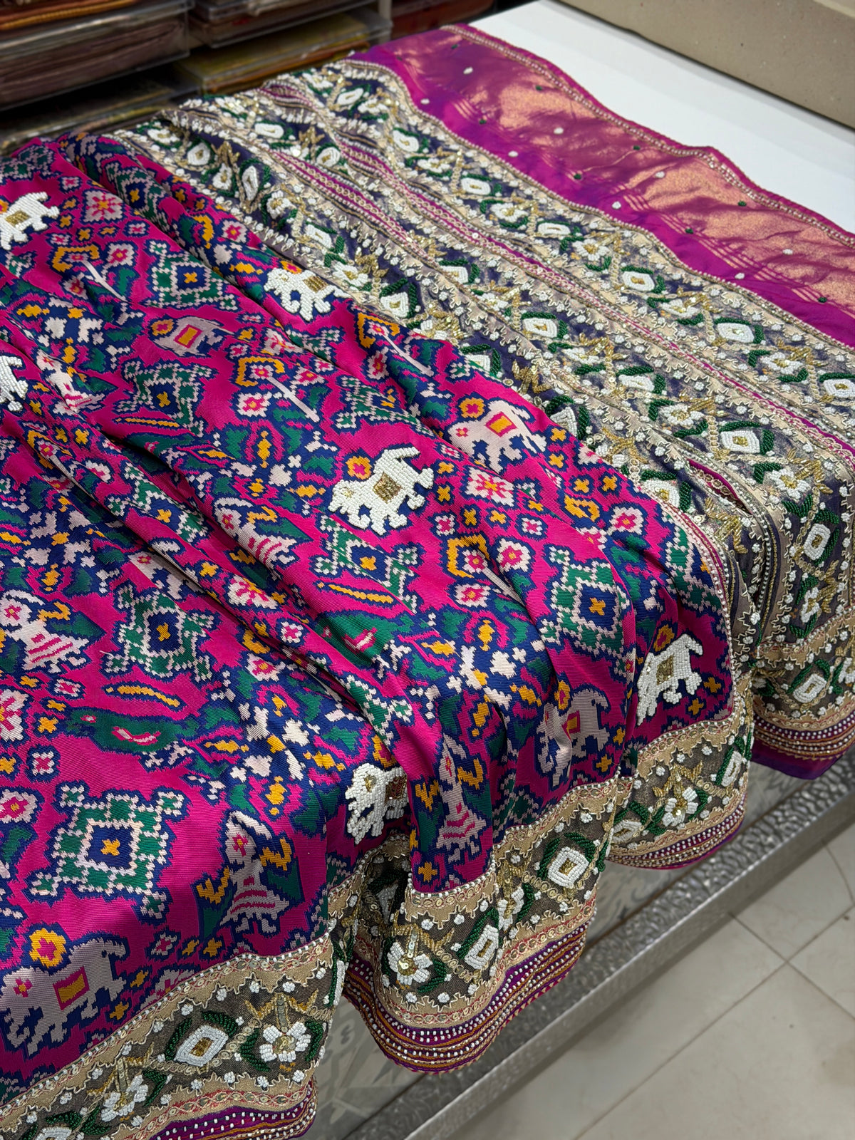 Rani Magenta Semi Silk Patola Kidiya Moti Hand Embroidery Saree