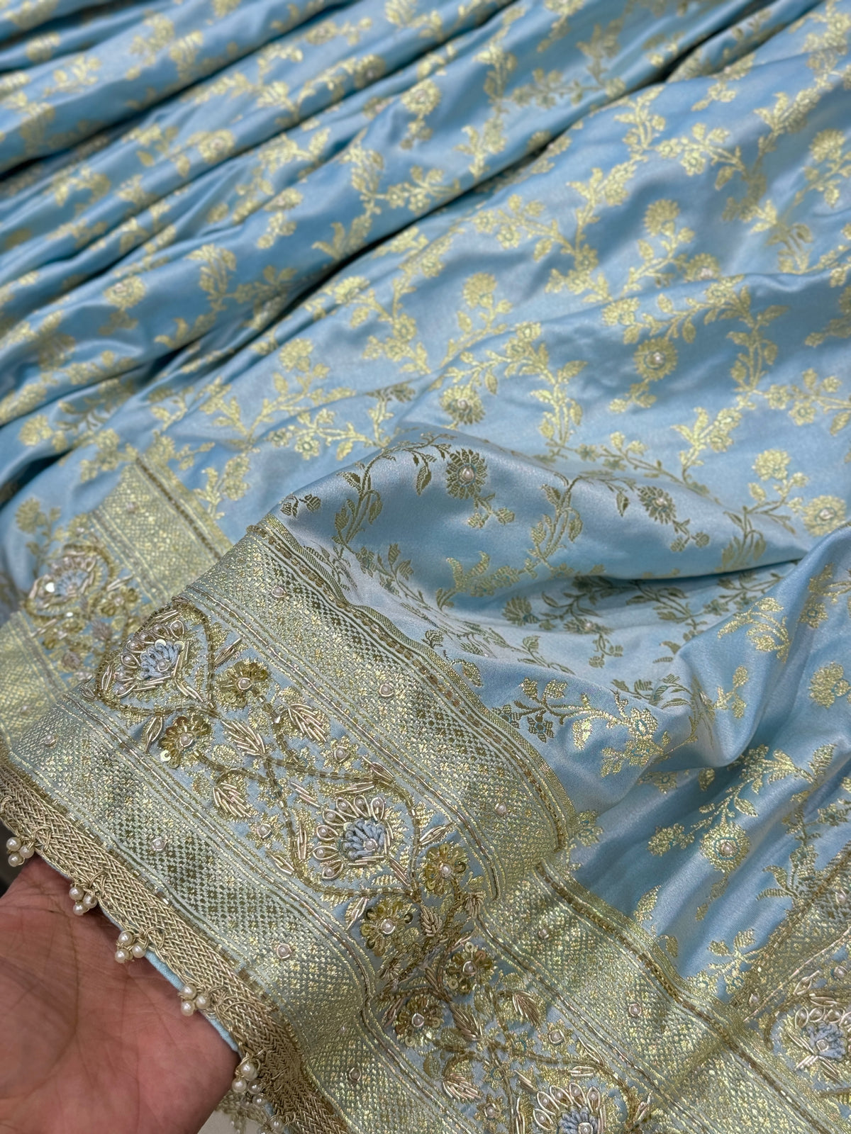 Light Blue Banarasi Silk Flower Border Resham Hand Embroidery Saree