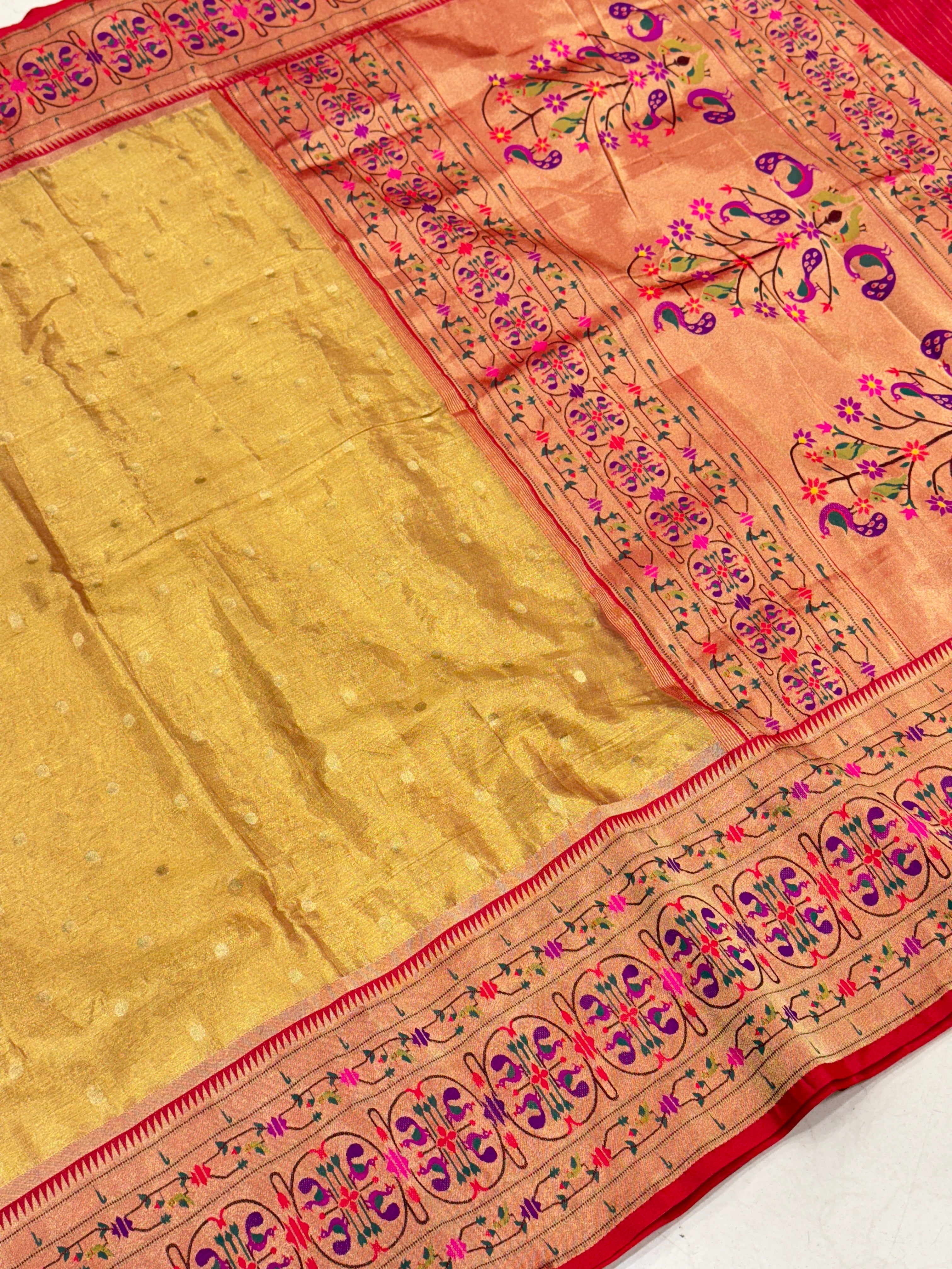 Gold Tissue Paithani Big Floral Border Saree