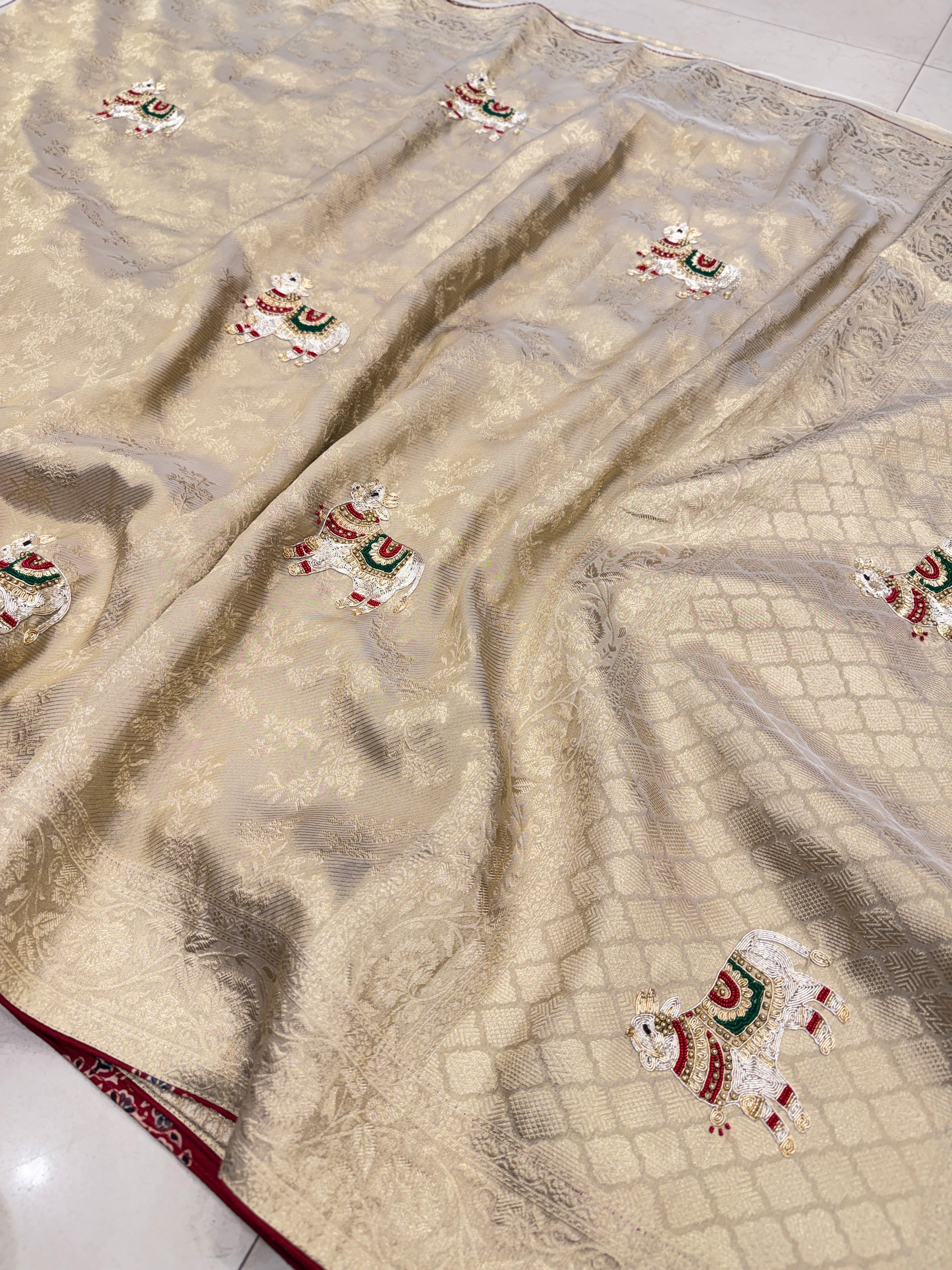 Golden Soft Tissue Zardosi Moti Hand Embroidery Nandi Motif Saree