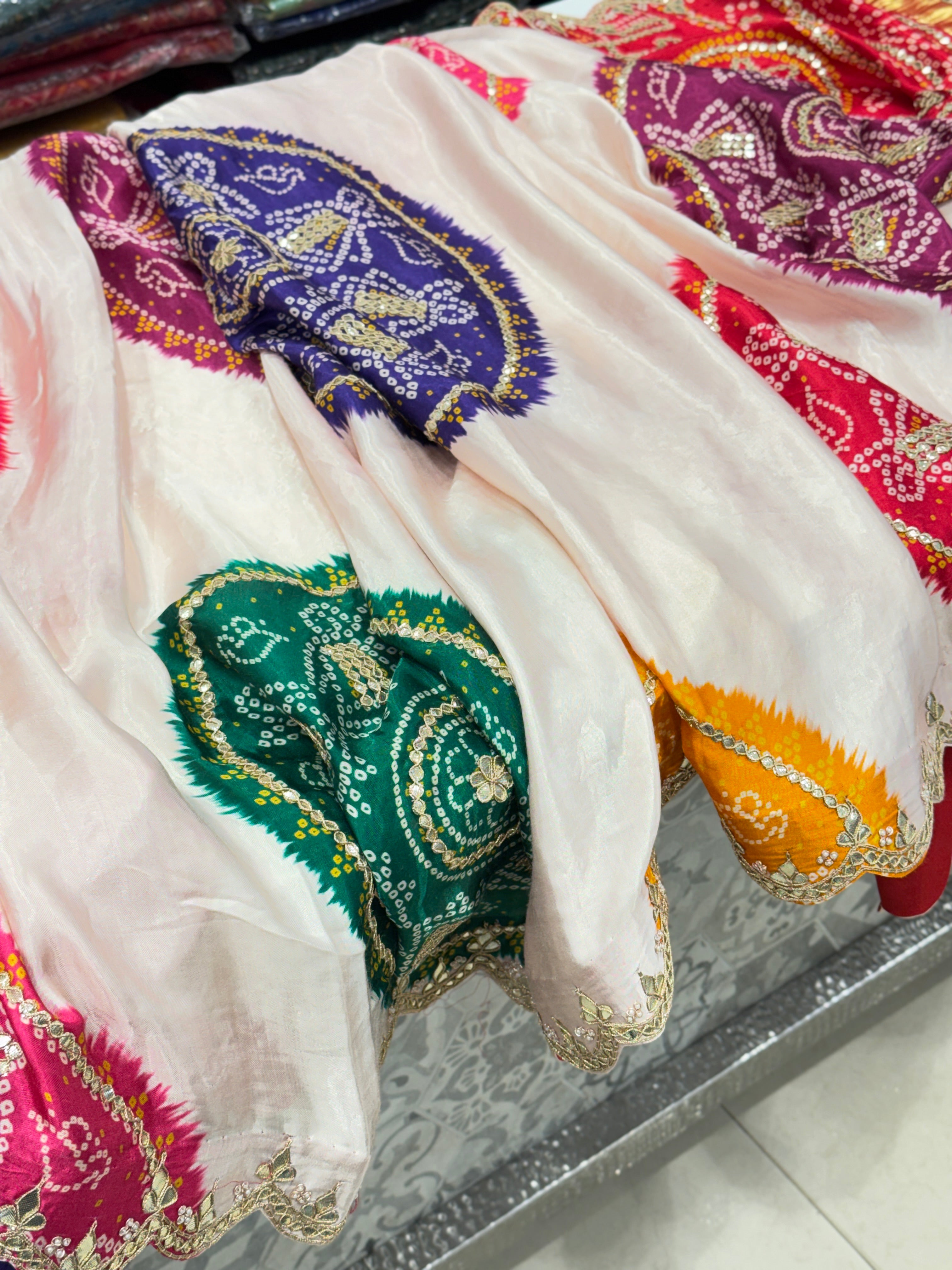 Moti White Gajji Silk Bandhej Print Hand Done Gotapatti Saree