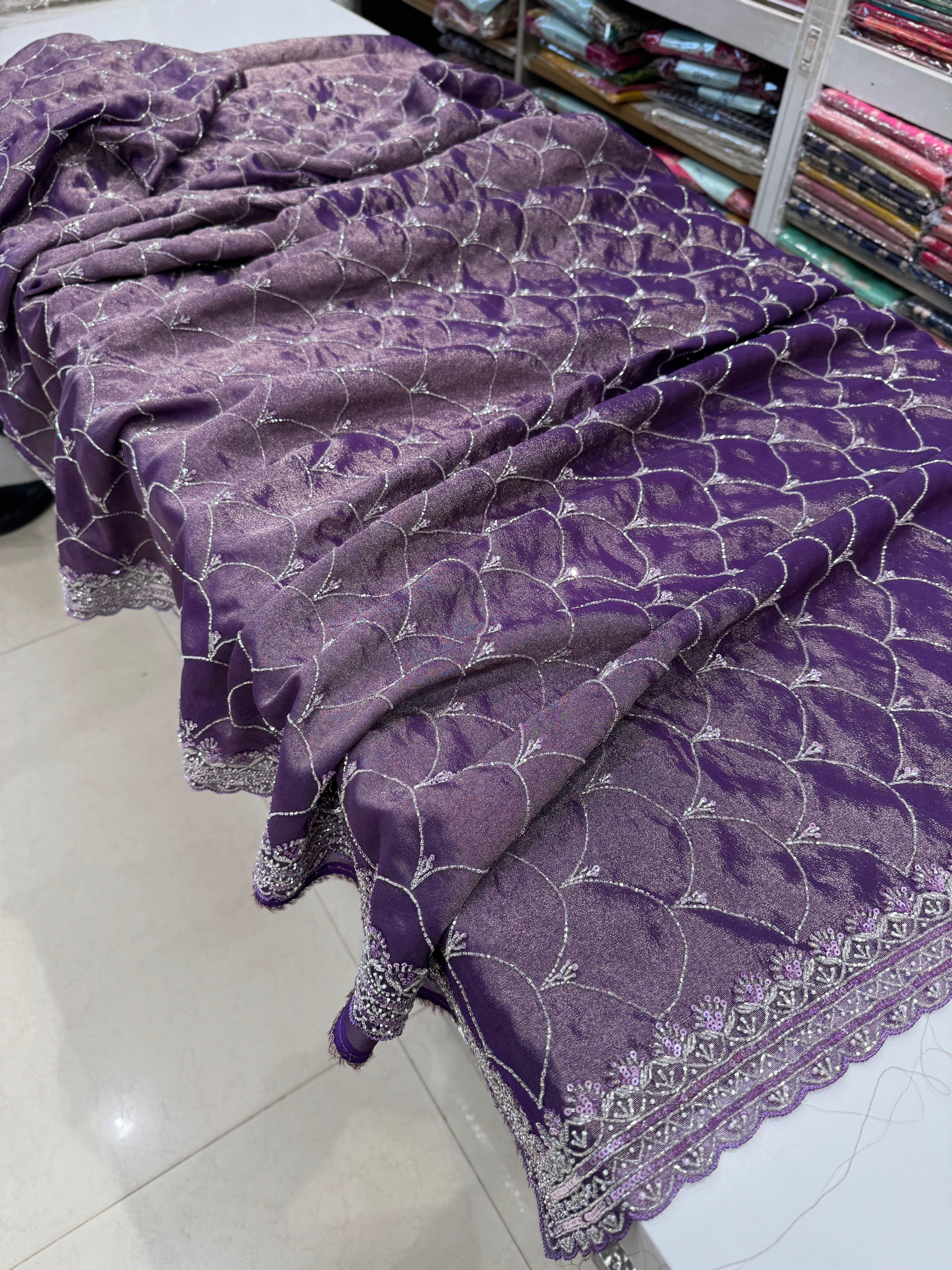 Dark Lilac Tissue Crepe Embroidery Saree