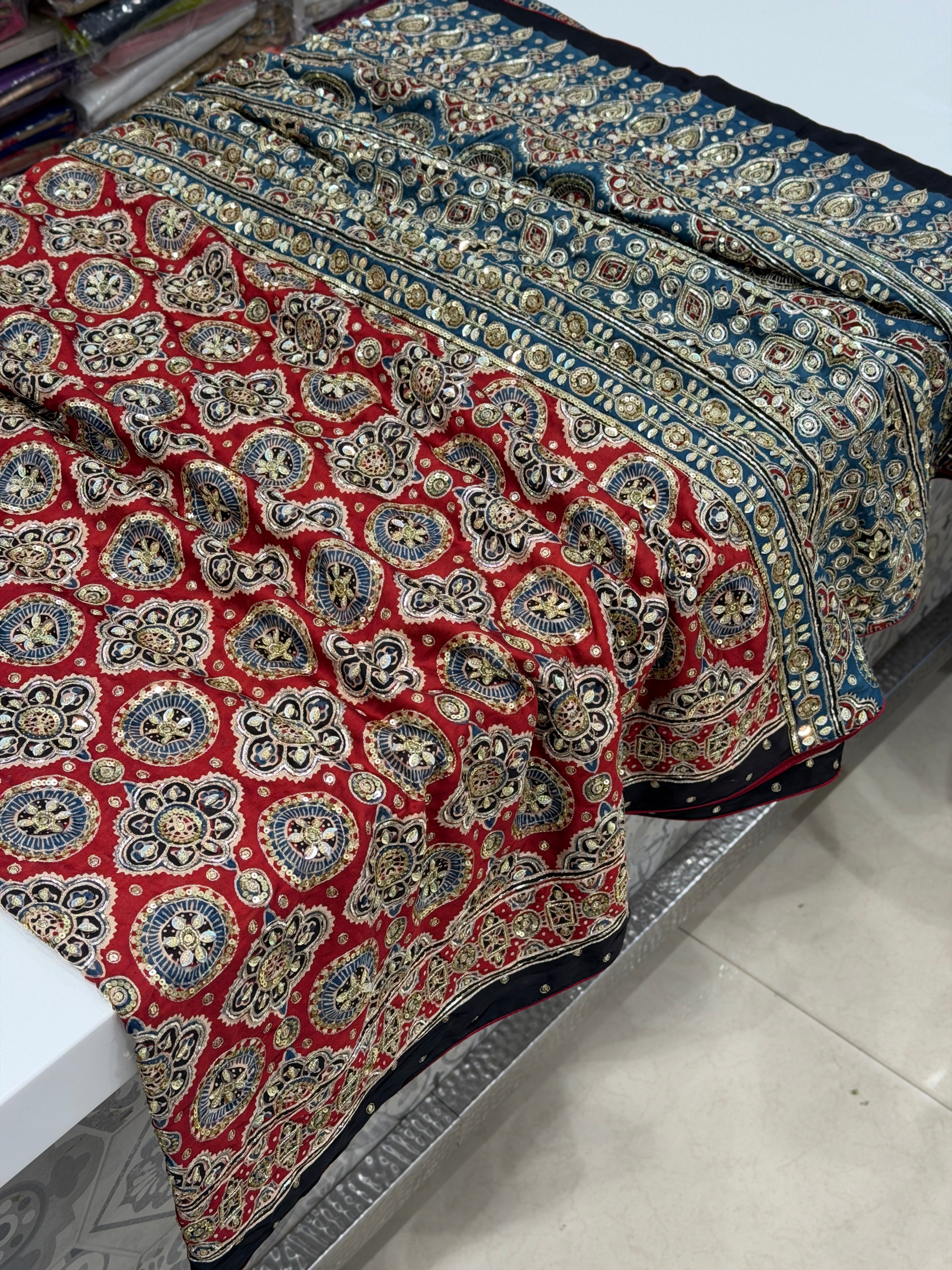 Red Blue Jaal Pita Sequin Ajrakh Hand Embroidery Saree