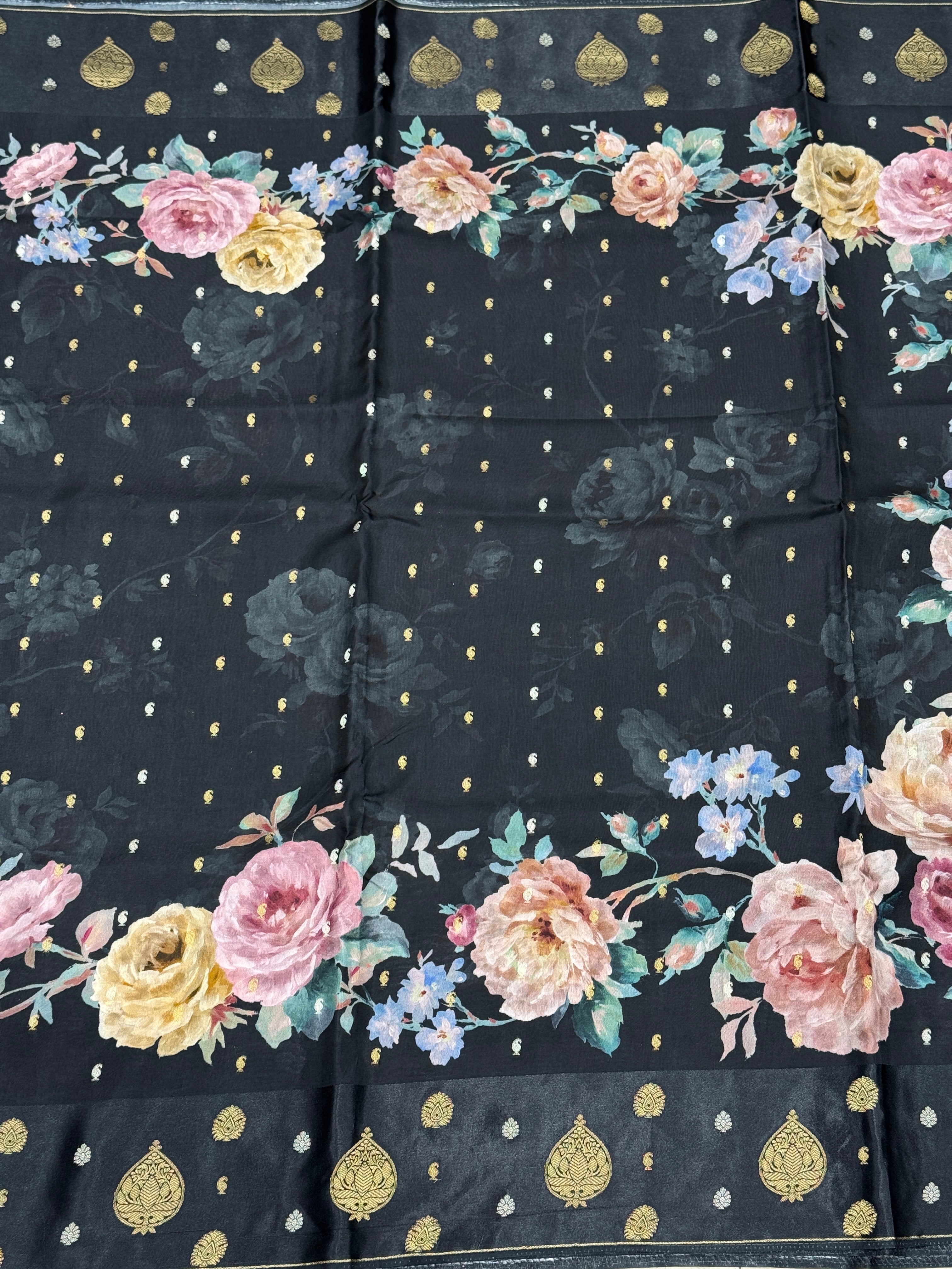 Black Printed Silk Satin Border Saree