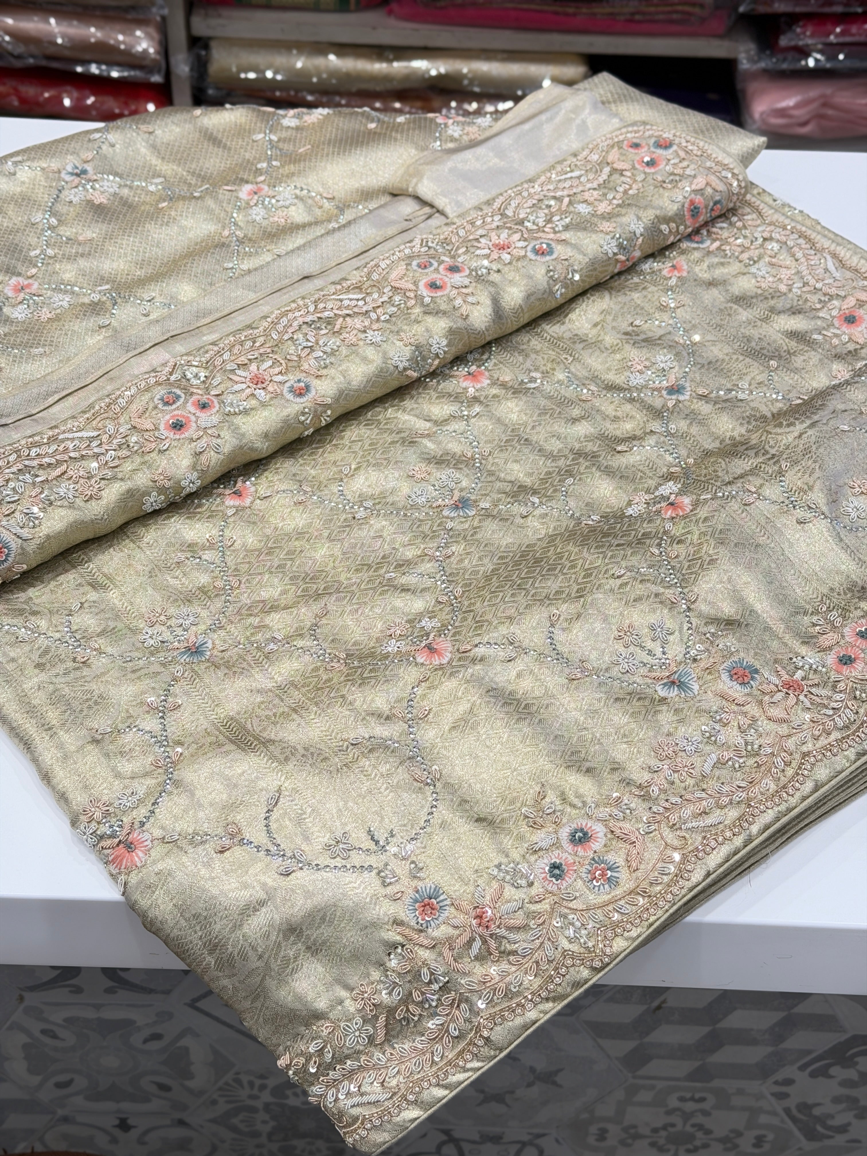 Light Water Gold Tissue Kanjivaram Knot Zardosi Hand Embroidery Saree