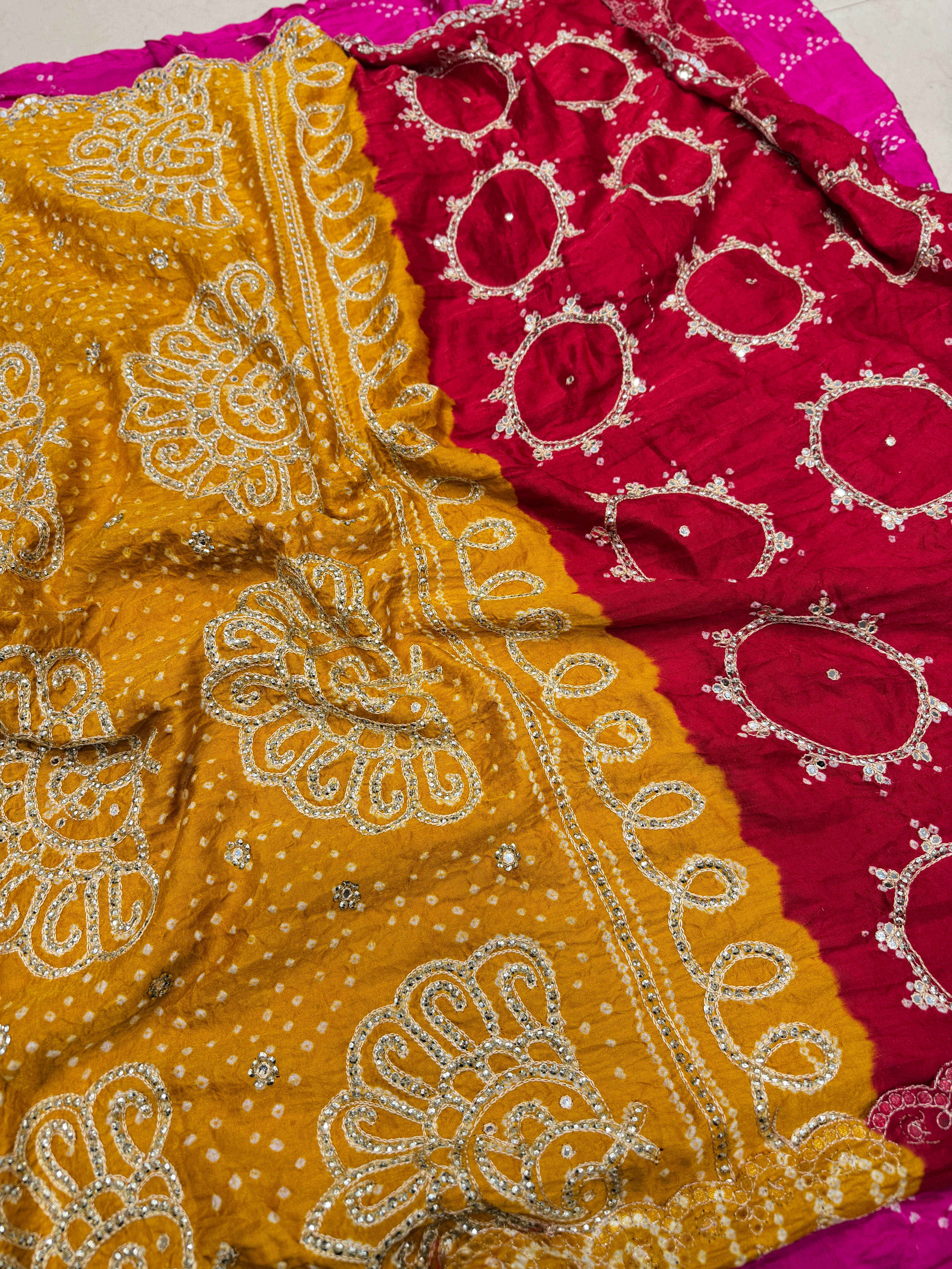 Yellow Rani Gajji Silk Rai Bandhej Tila Hand Embroidery Saree