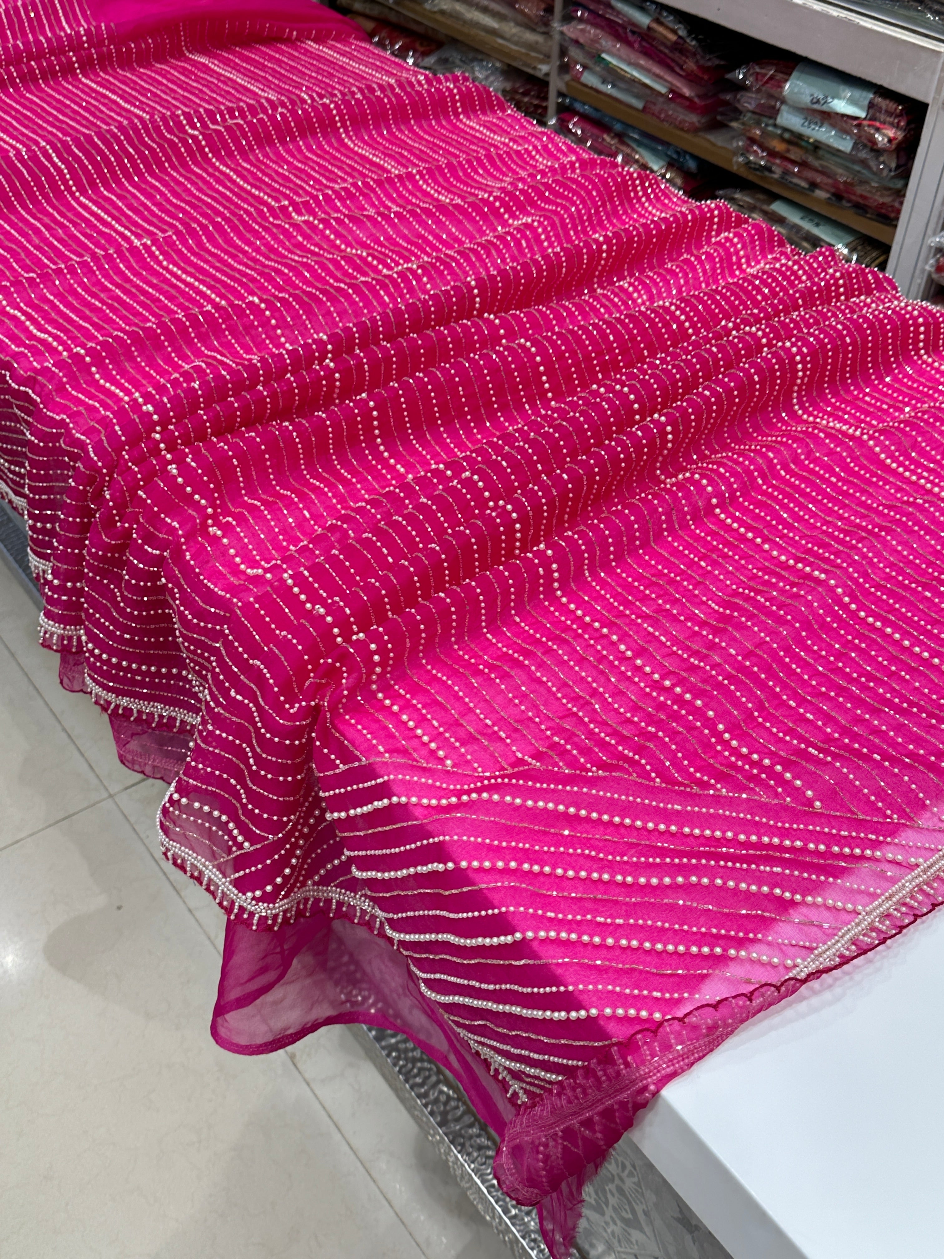 Rani Pink Organza Moti Sequin Embroidery Saree