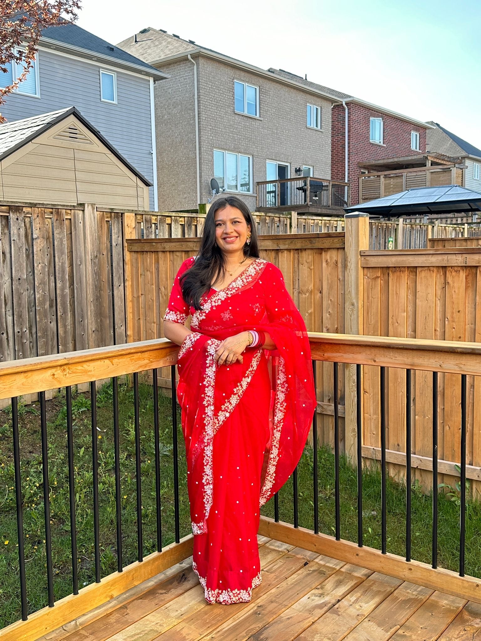 Red Organza Floral Border Hand Embroidery Saree