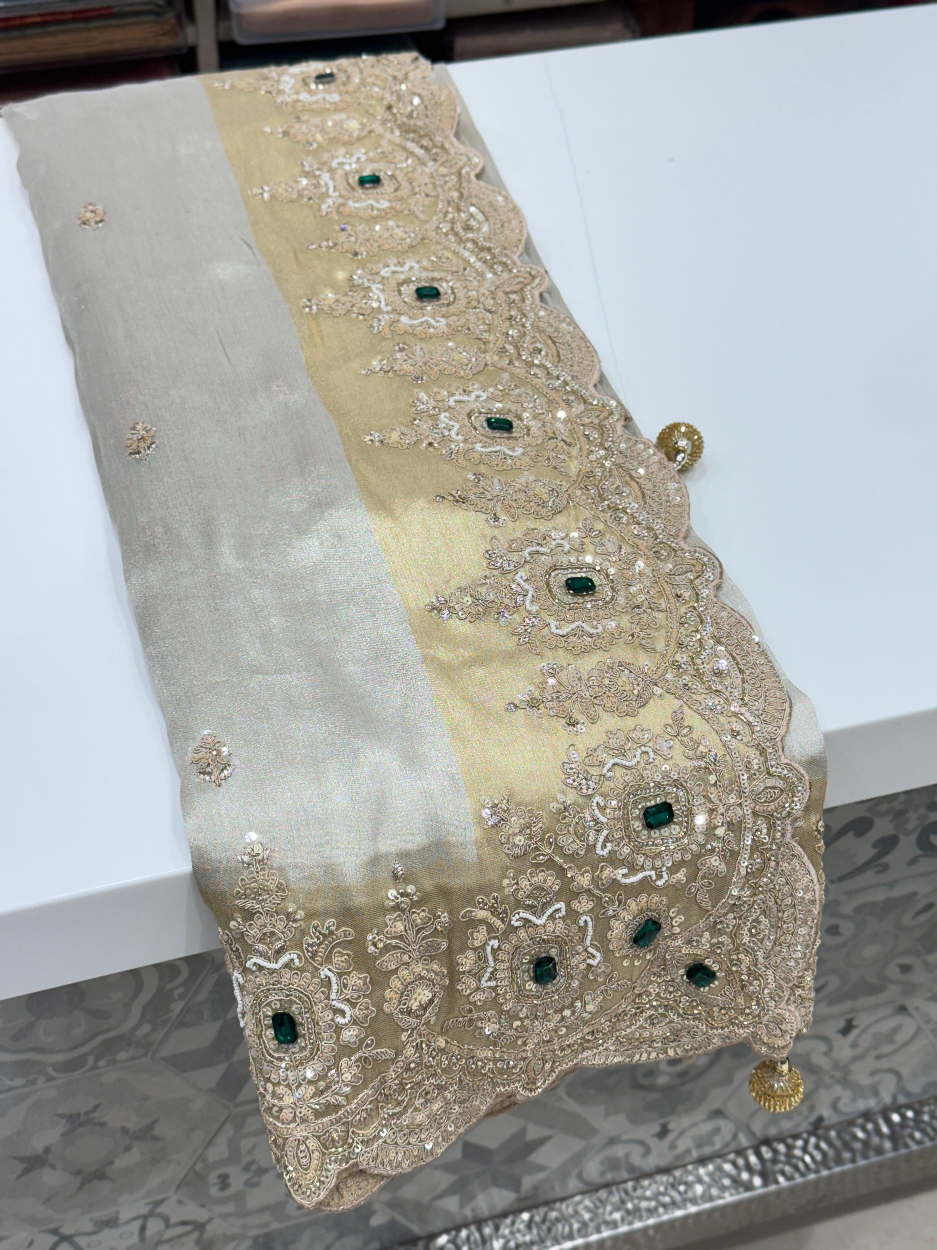 Golden Silver Soft Tissue Moti Crystal Embroidery Saree