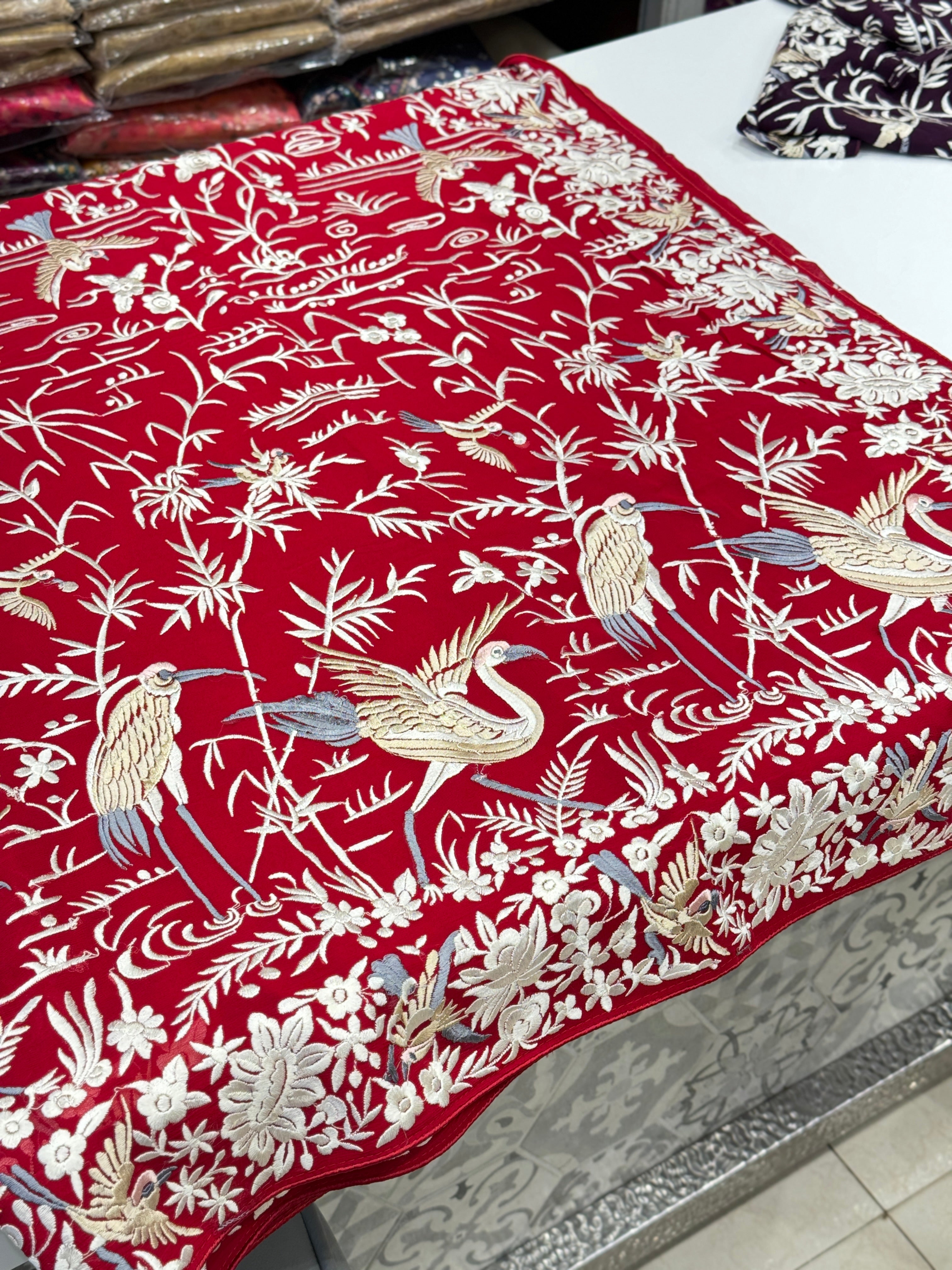 Red Georgette Flying Flamingo Parsi Gara Saree