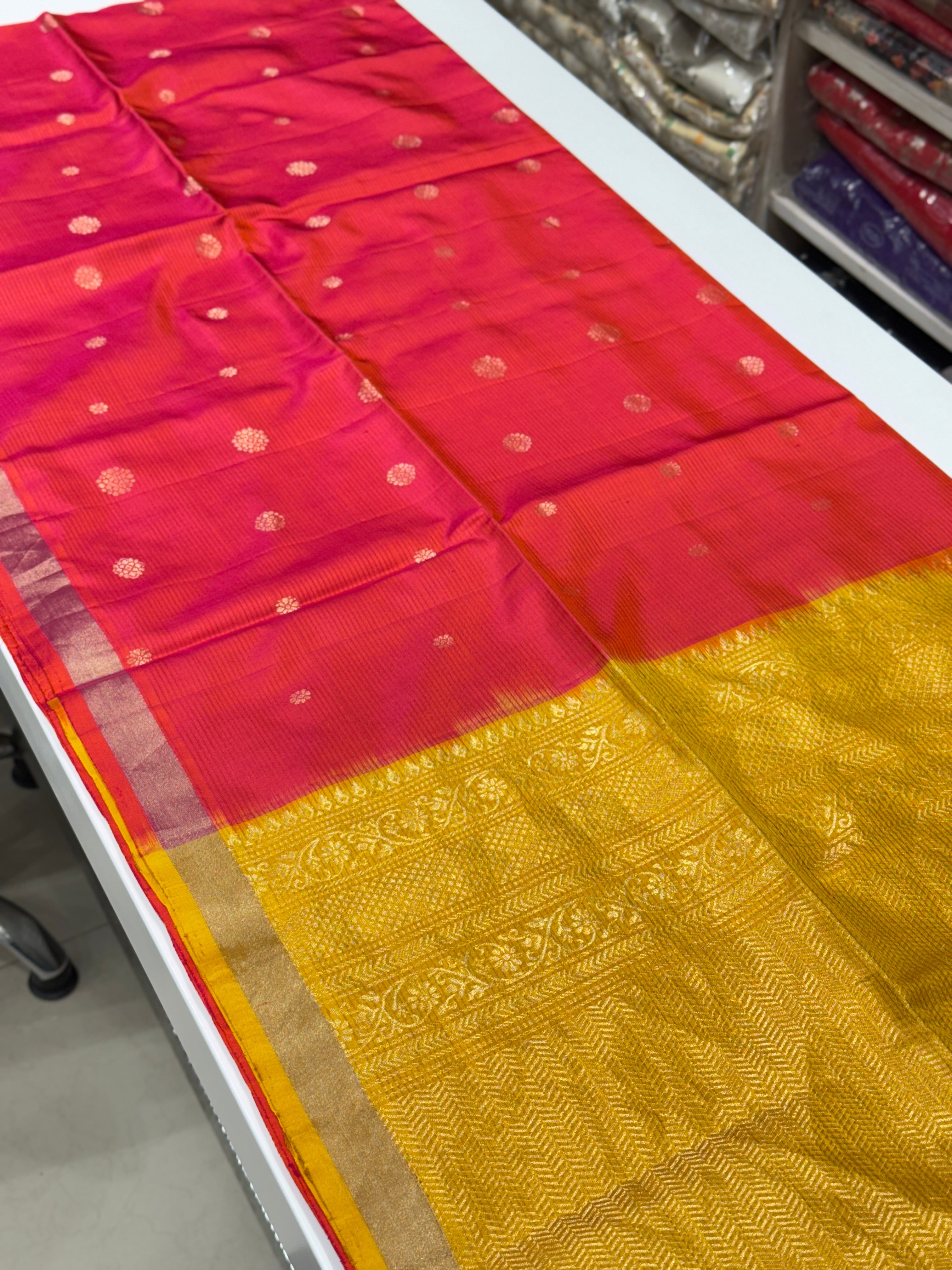 Rani with Yellow Buttis Handloom Kanchipuram Pure Silk Saree