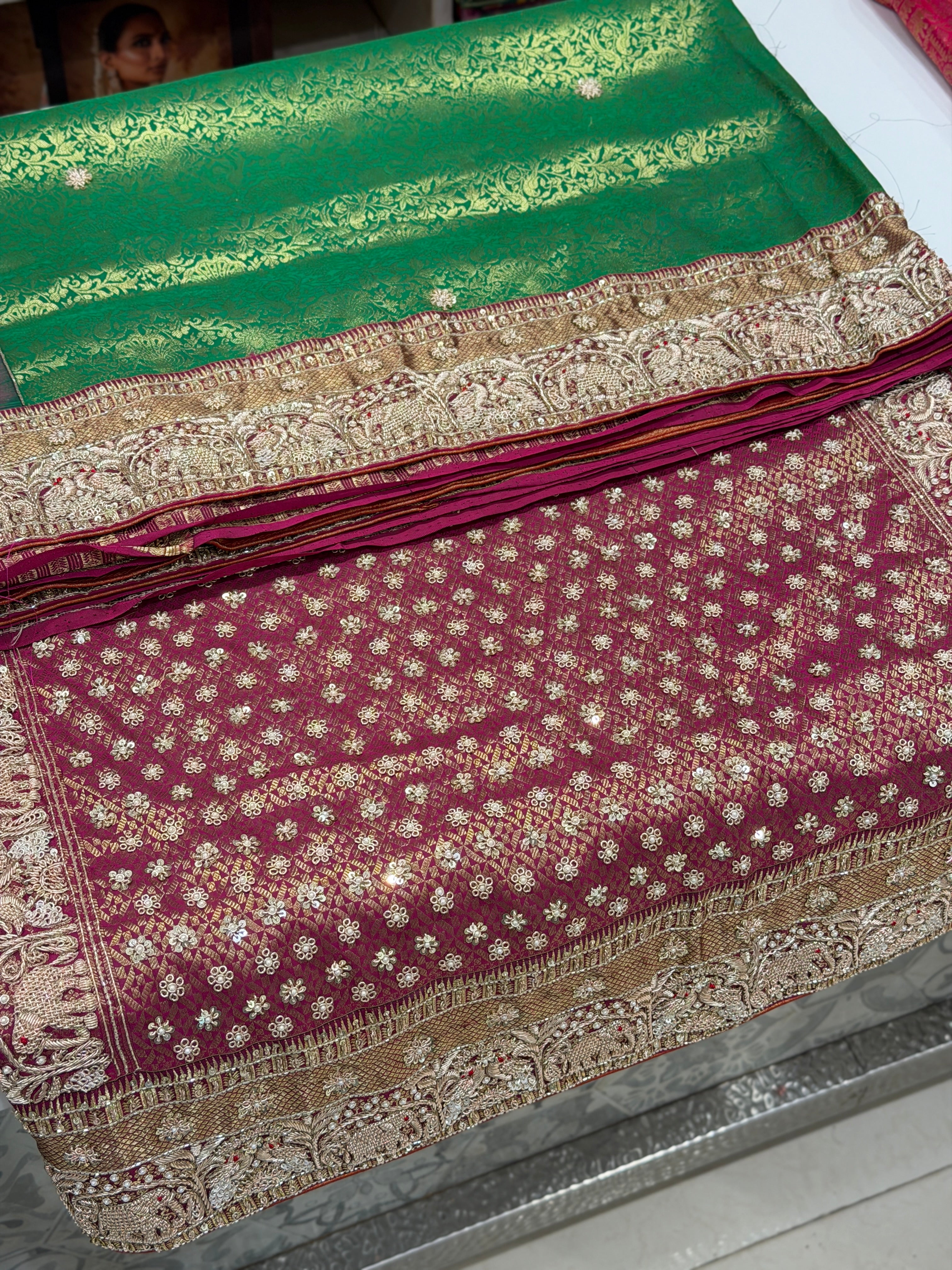 Green Purple Kanjivaram Elephant Motifs Zardosi Hand Embroidery Saree