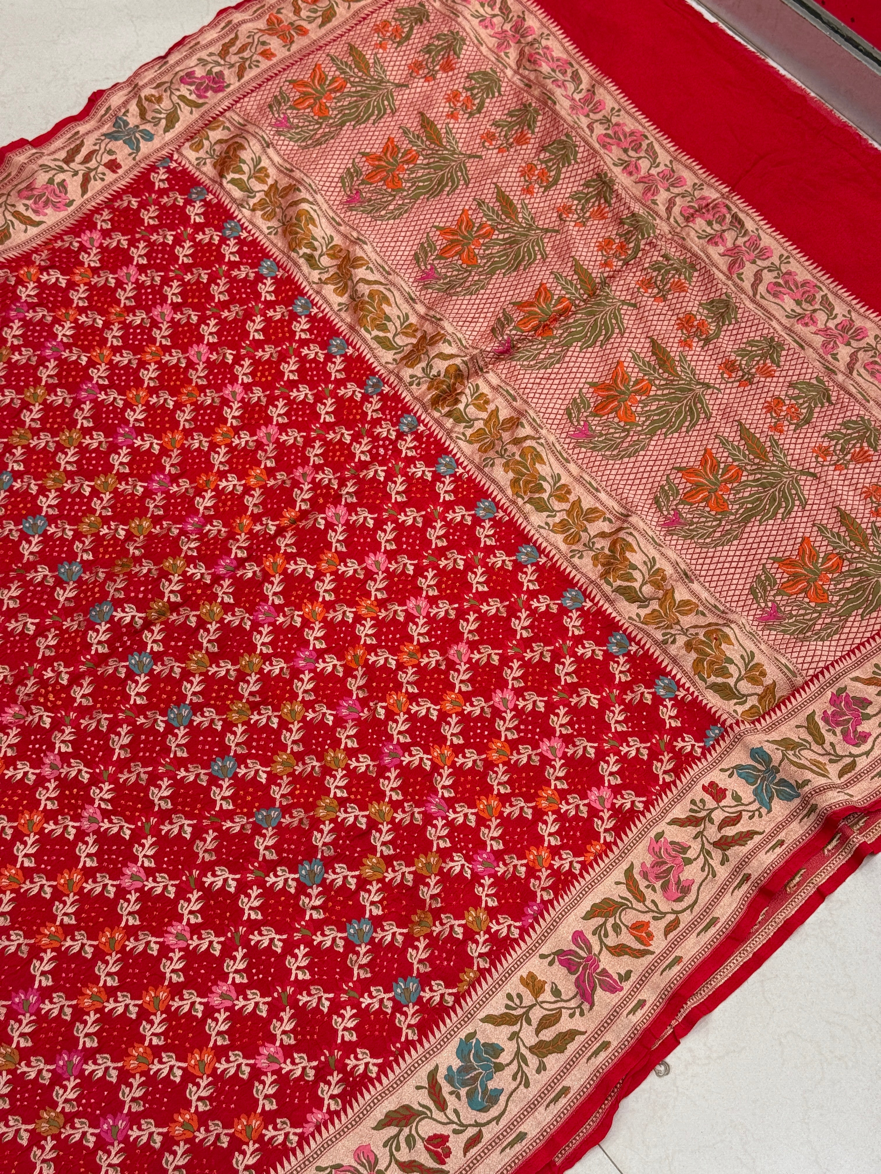 Red Meenakari Floral Jaal Rai Bandhej Georgette Bandhini Saree