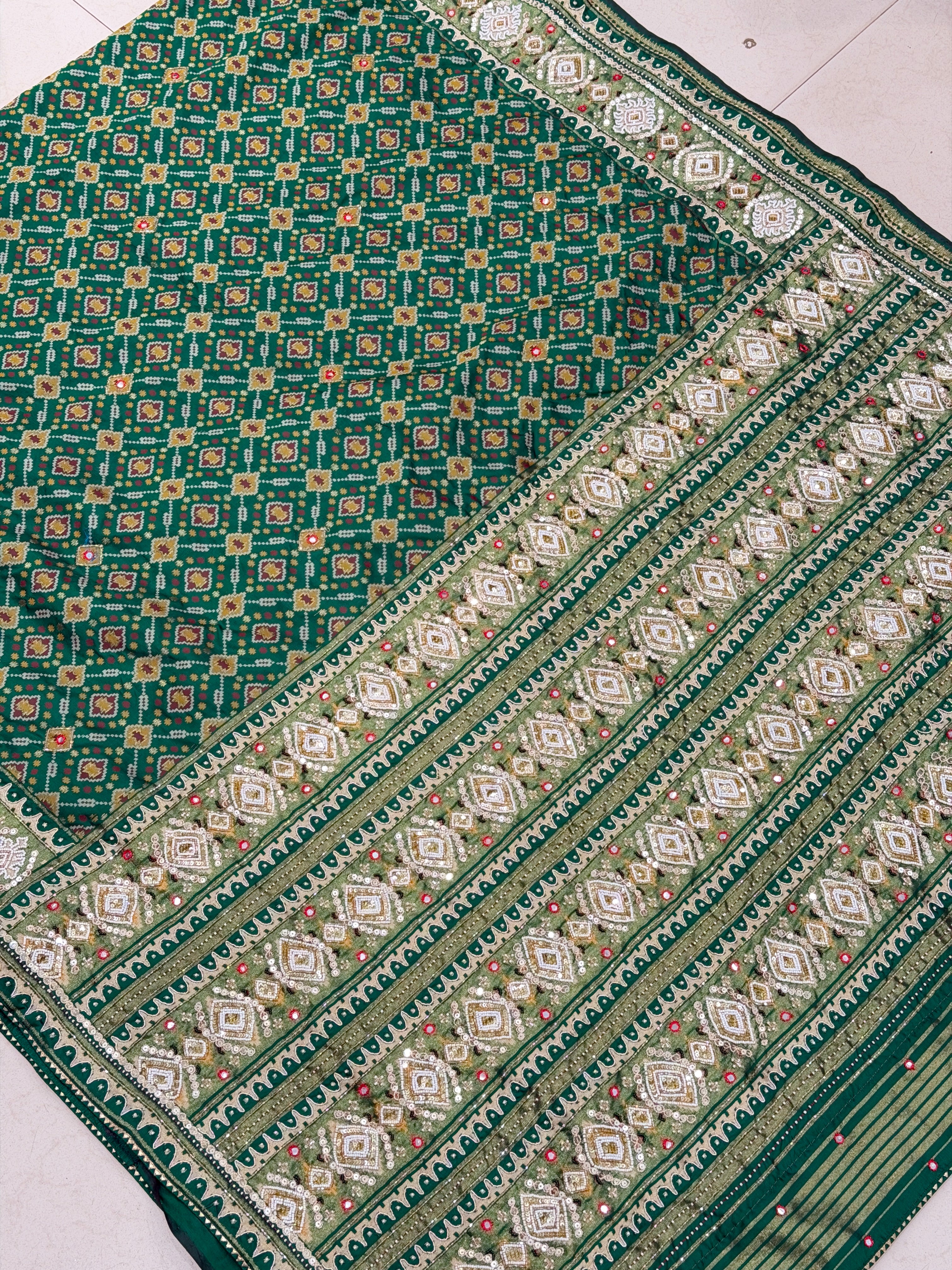 Bottle Green Patola Small Jaal Ikat Kidiya Moti Hand Embroidery Saree