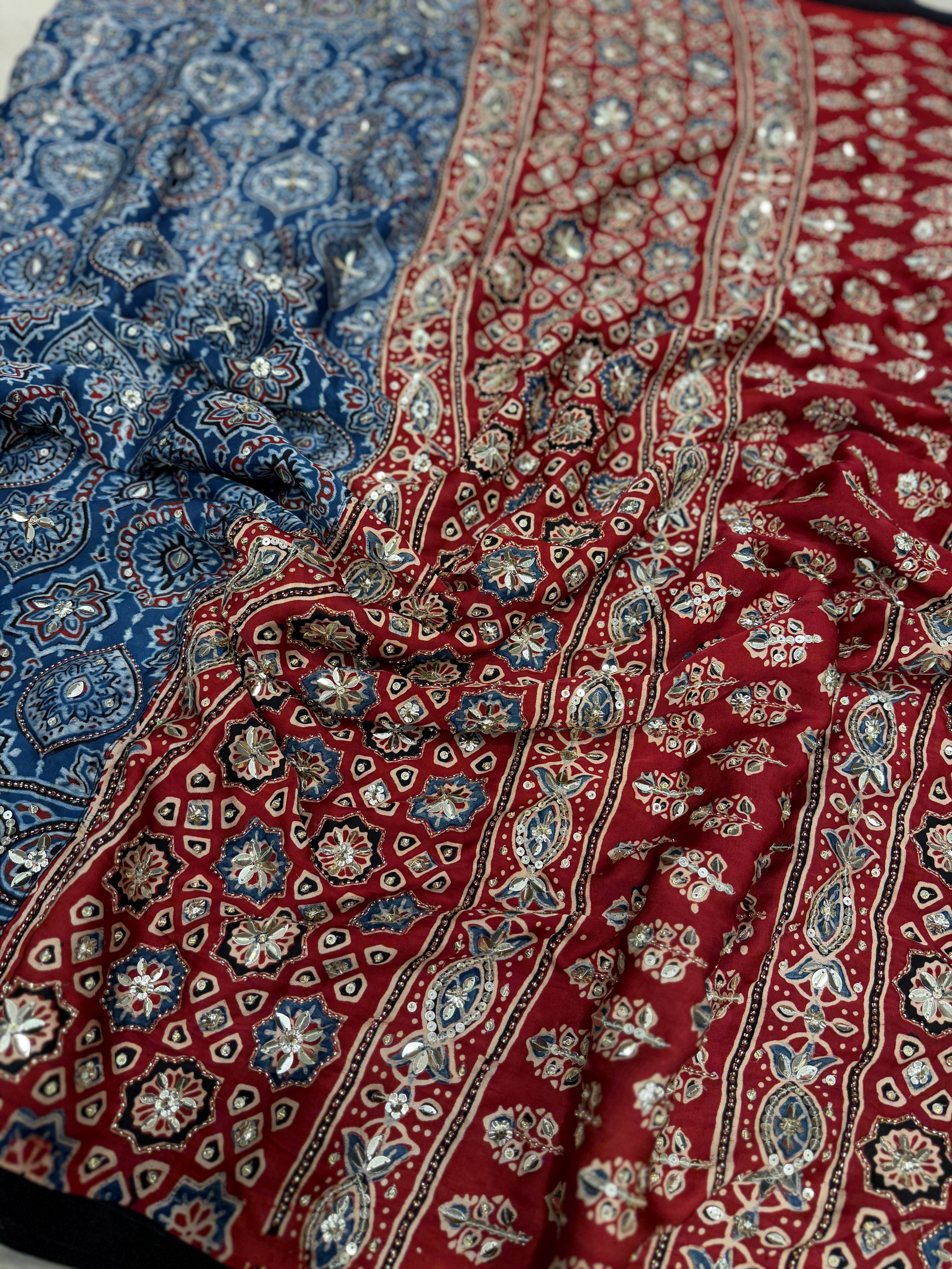 Blue Red Badam Butta Moti Sequin Ajrakh Hand Embroidery Saree