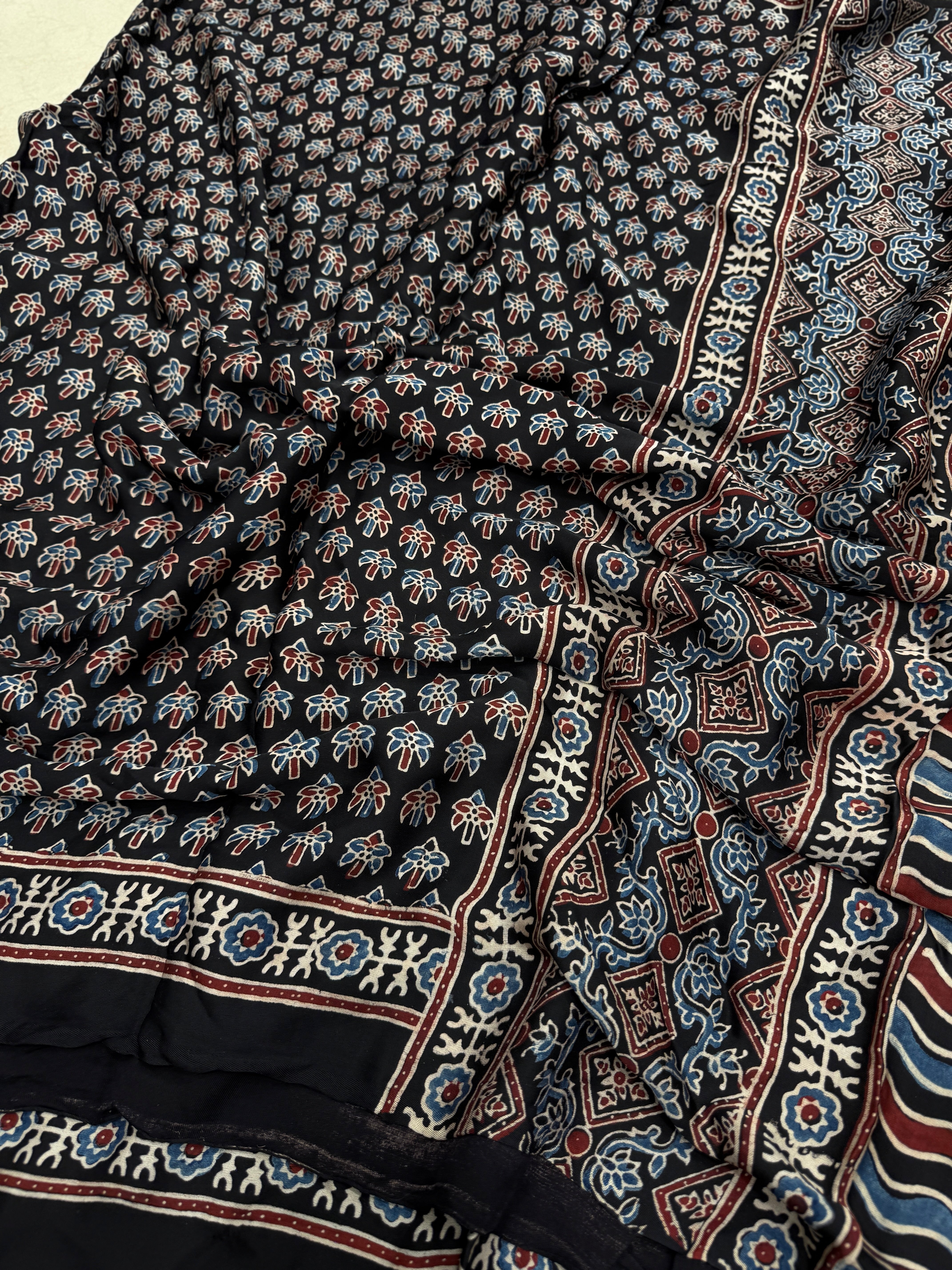Black Small Tree Buttis Ajrakh Block Print Hand Pure Gajji Silk Saree