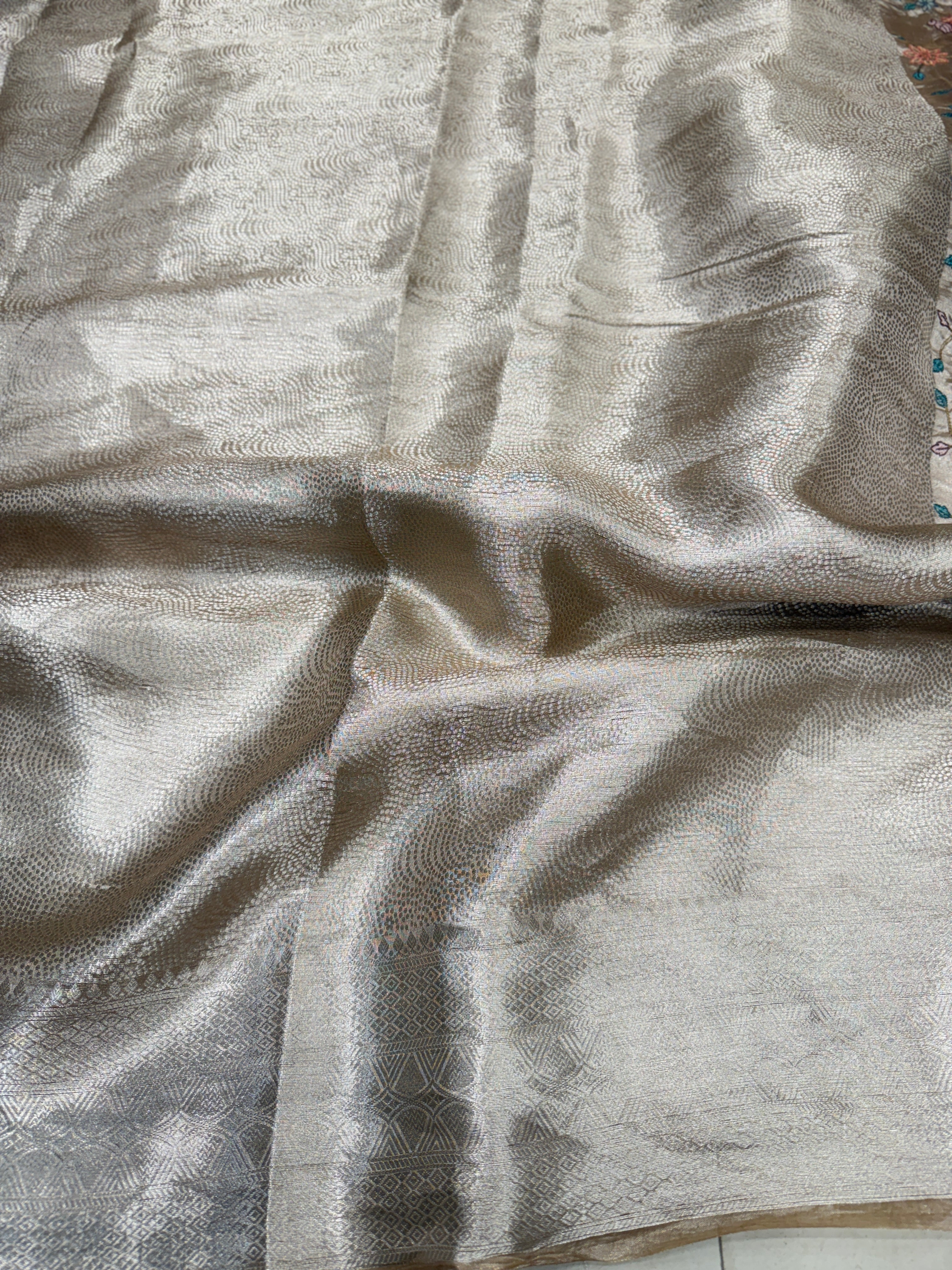Cement Silver Handloom Tissue Peacock Contemporary Resham Embroidery Saree