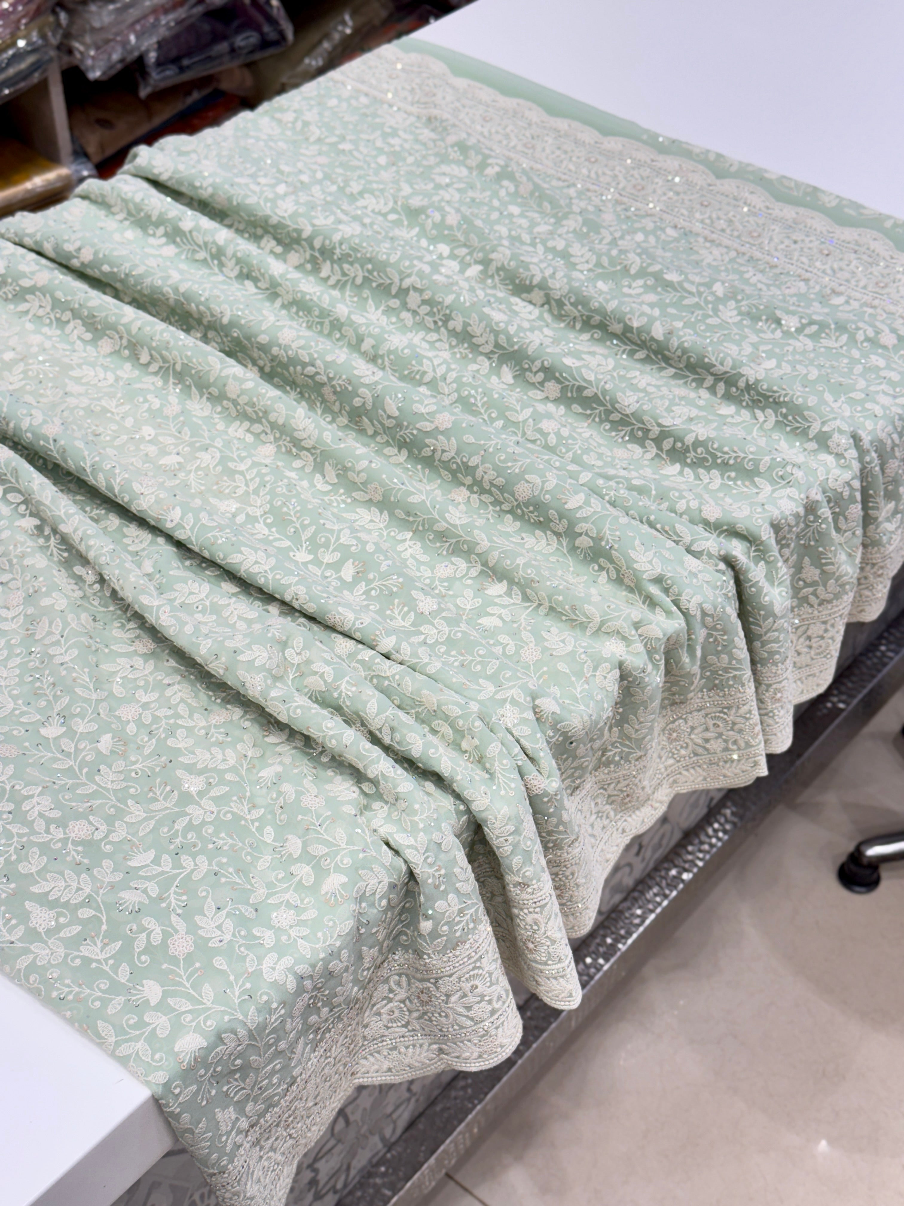 Pista Green Chikankari Scallop Design Saree