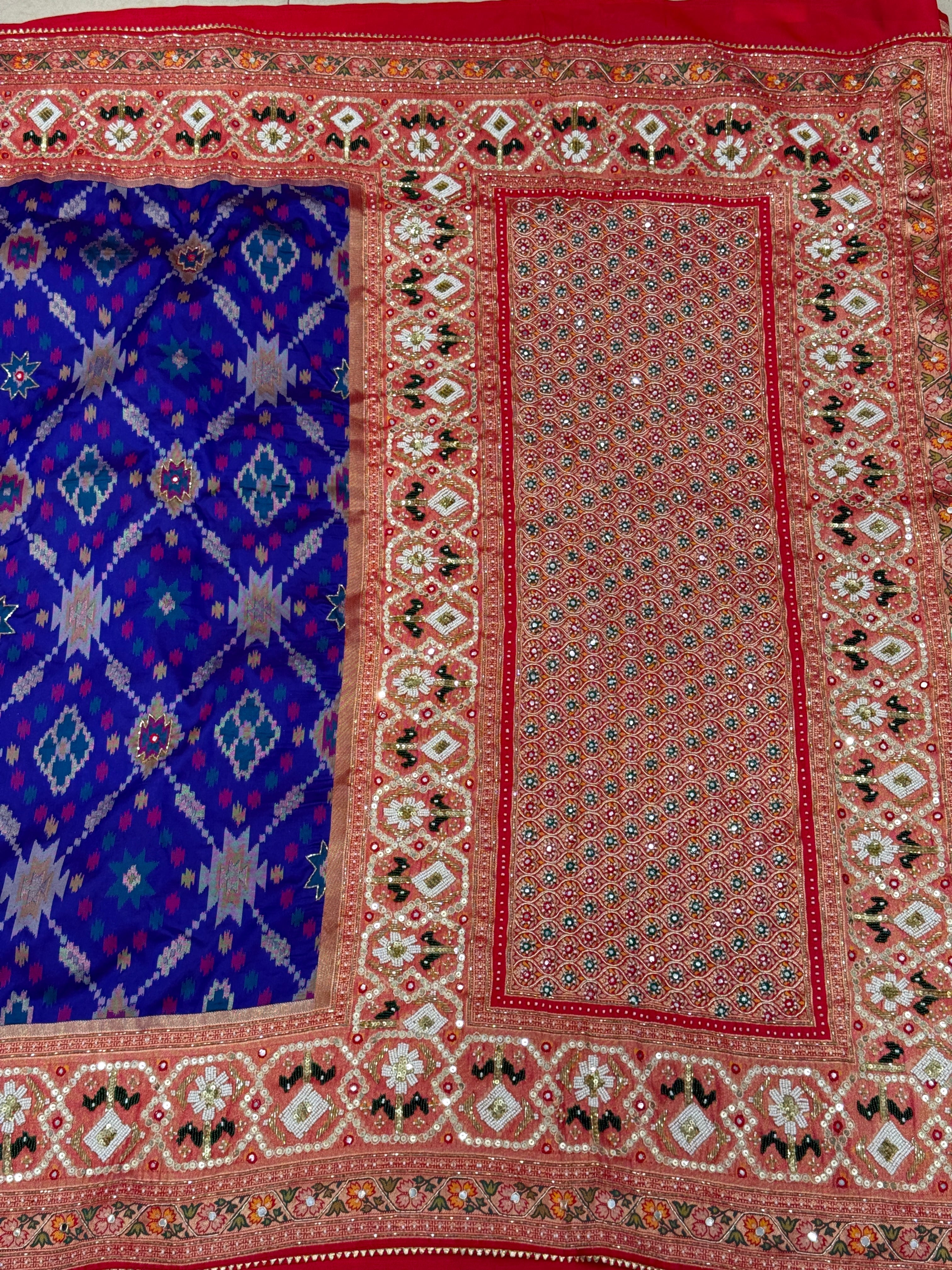Royal Blue Patola Kidiya Moti Embroidery Saree